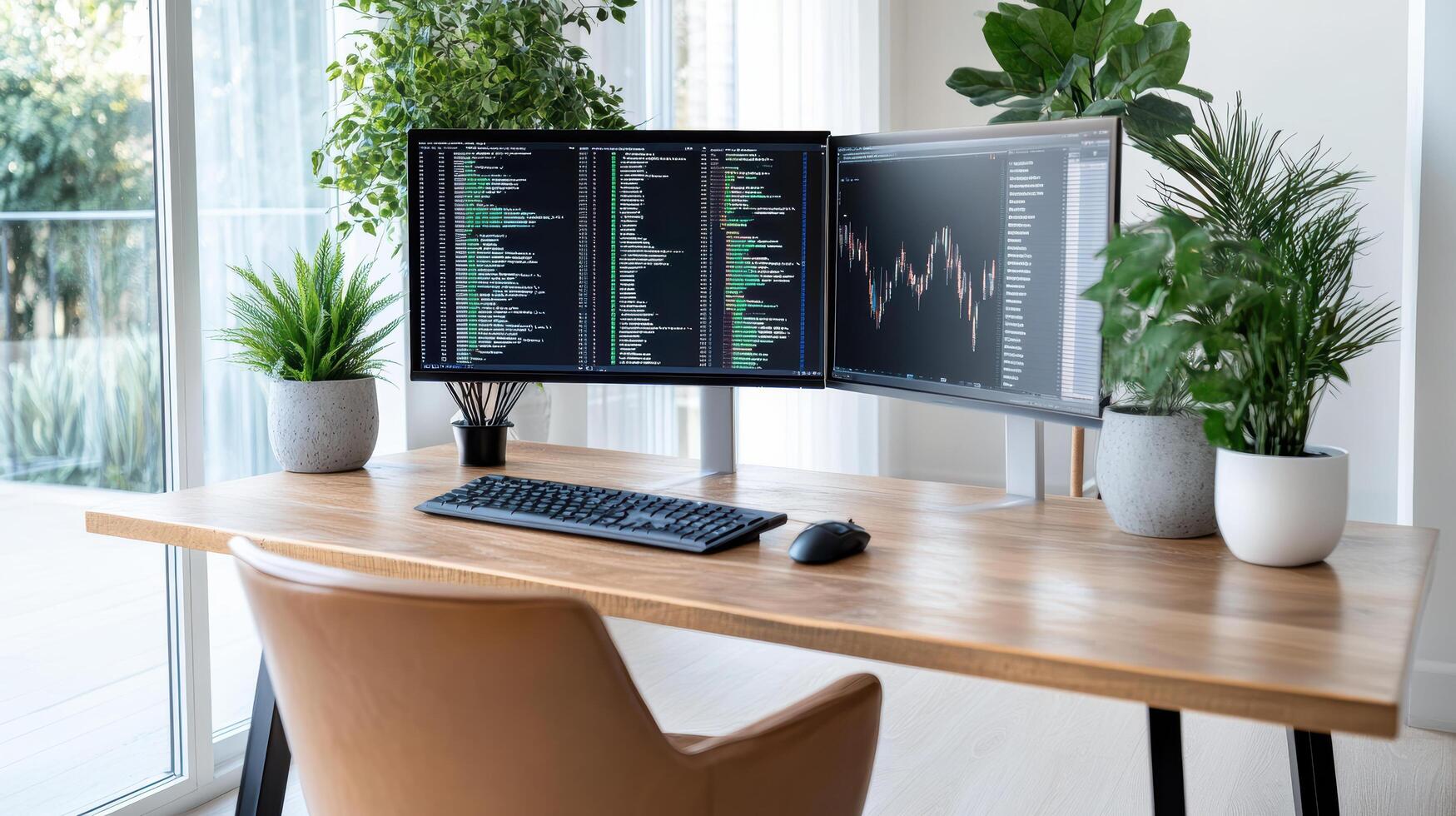 modern workspace featuring three ultra wide monitors displaying data, surrounded by greenery photo