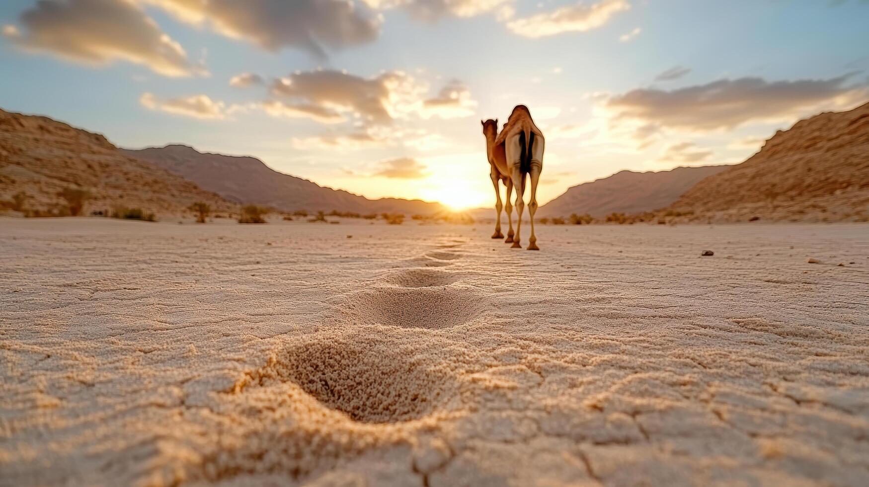 camel walks across sandy desert, leaving footprints behind as sun sets. scene captures beauty of photo