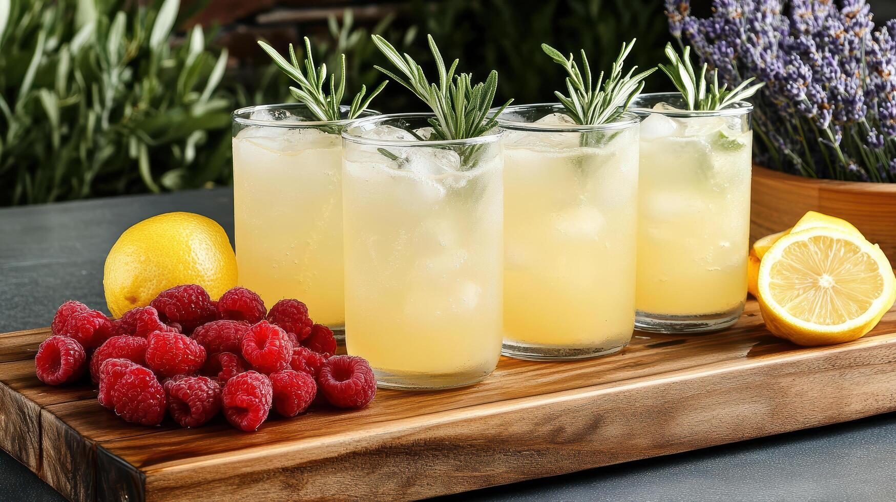 Refreshing lemonade drinks with raspberries and lemon slices create vibrant summer vibe photo