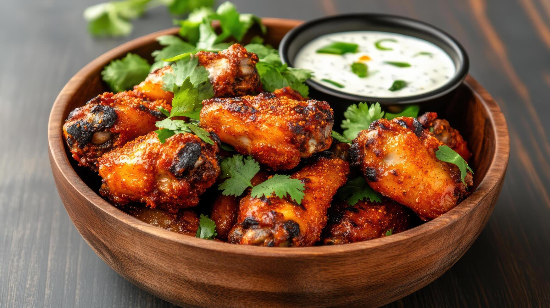 Crispy buffalo wings served with creamy dip and fresh herbs create delicious feast photo