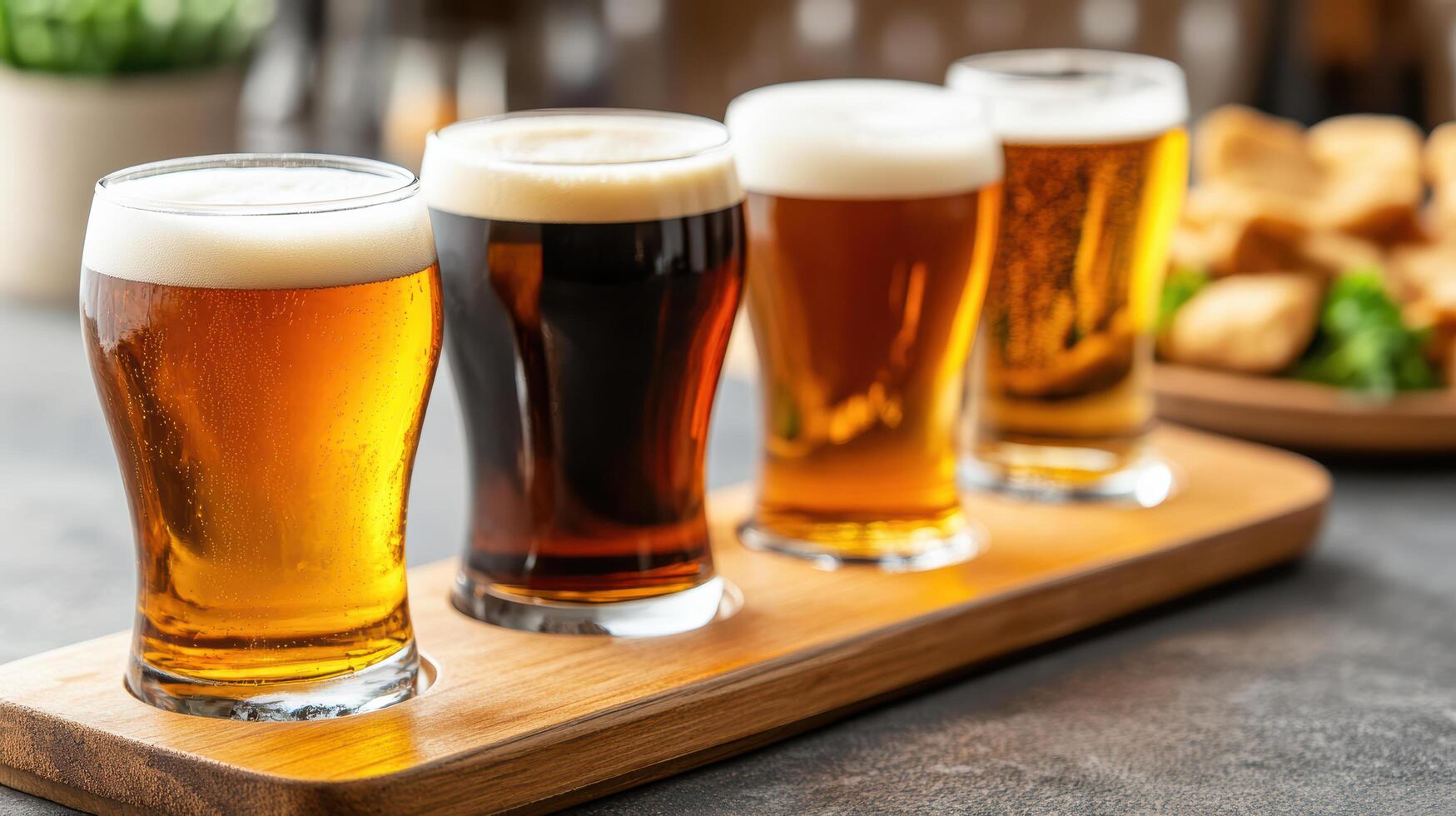 Craft beer flight with various styles served in glasses, showcasing rich colors and textures photo