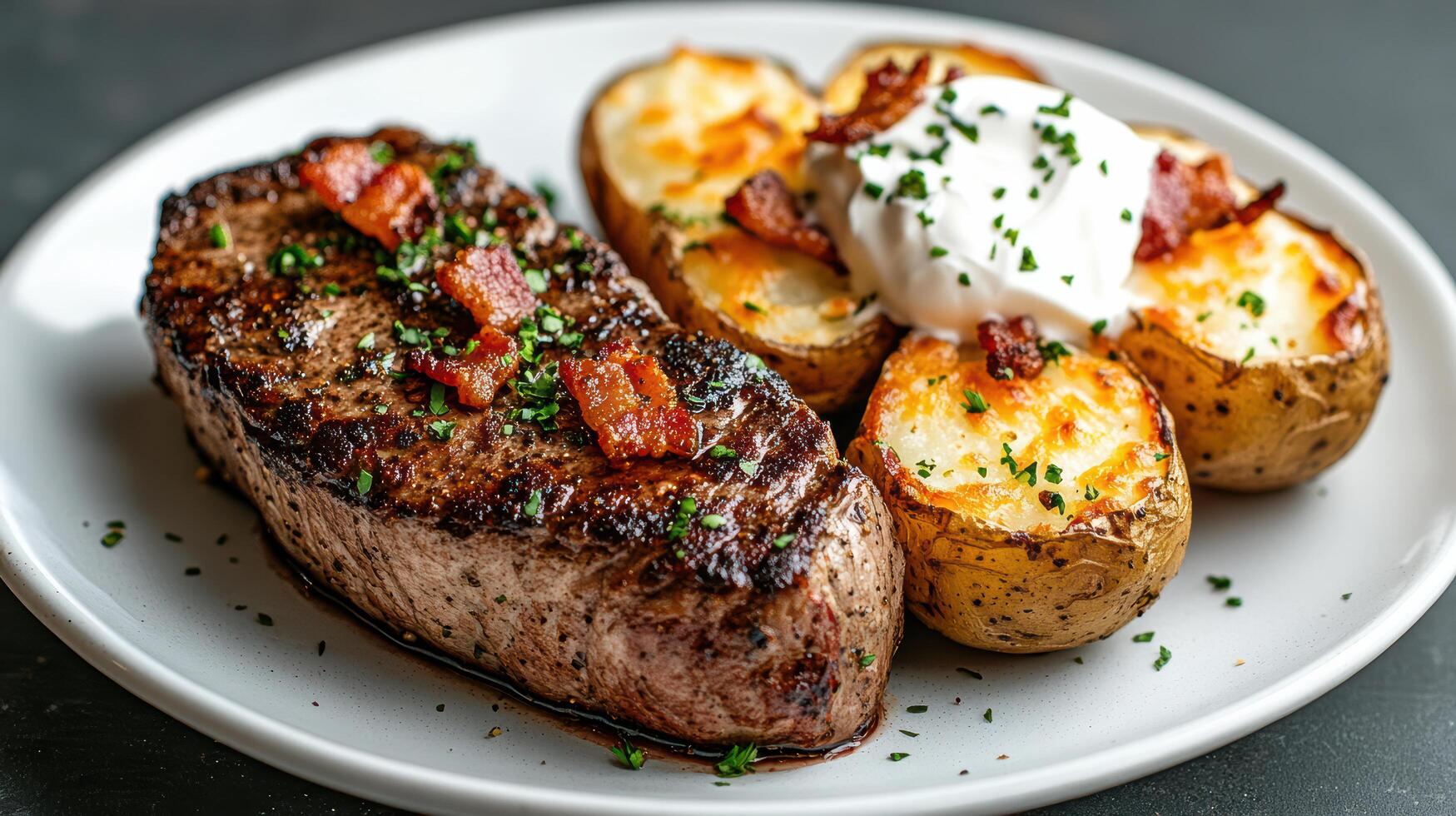Juicy steak served with crispy potato skins topped with sour cream and bacon bits photo