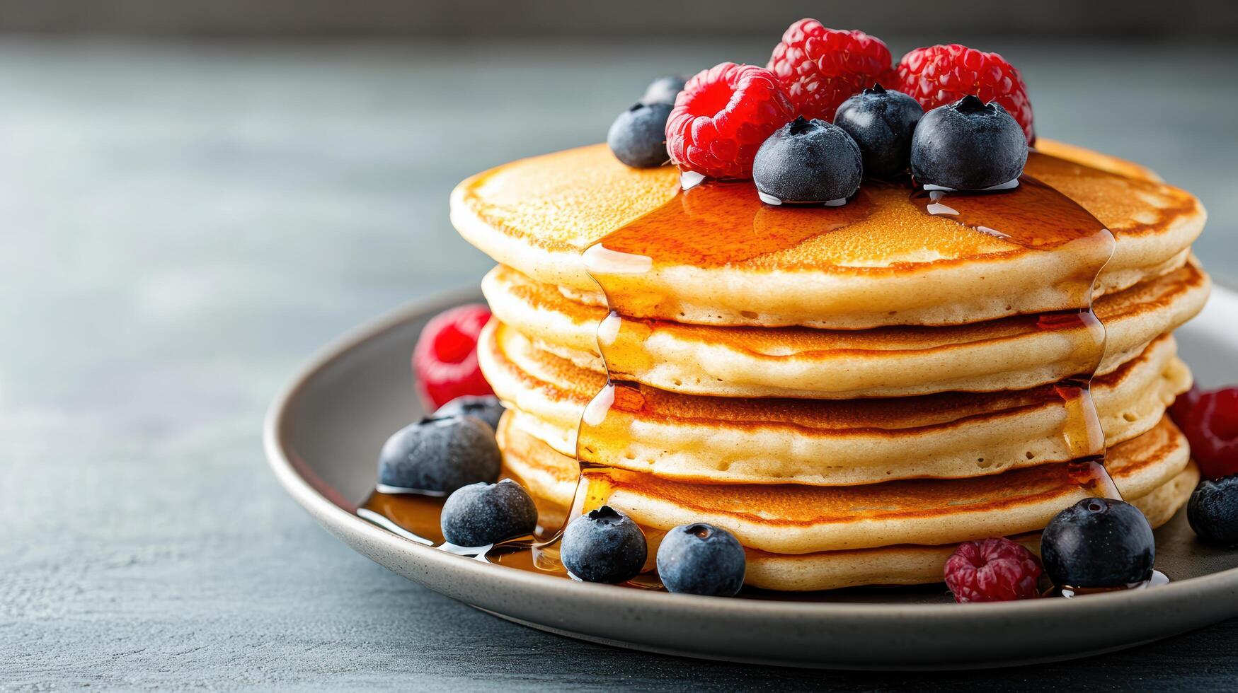 Fluffy pancakes stacked high, topped with fresh berries and drizzled with syrup photo