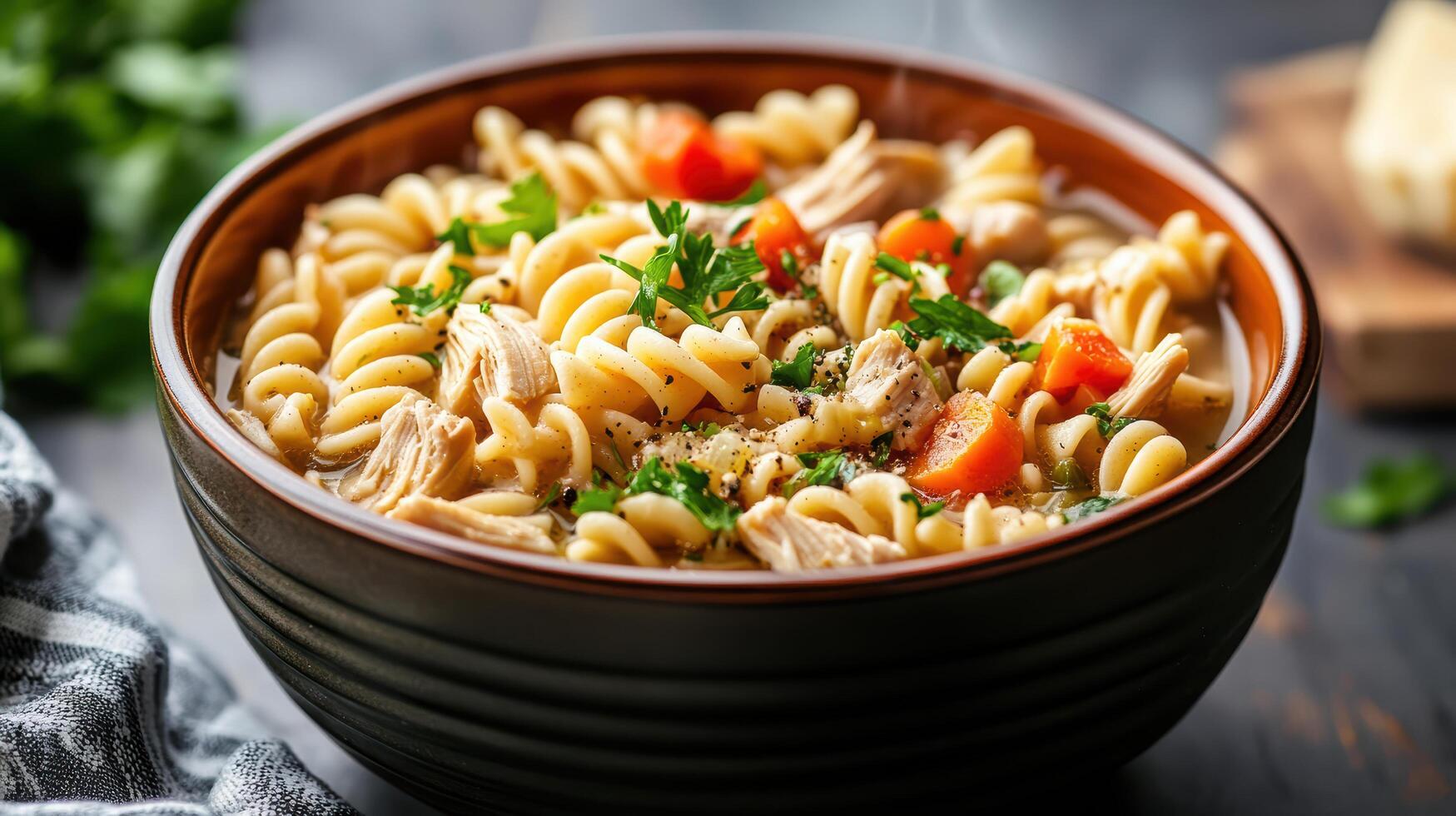 steaming bowl of homemade chicken noodle soup with pasta, vegetables, and herbs photo