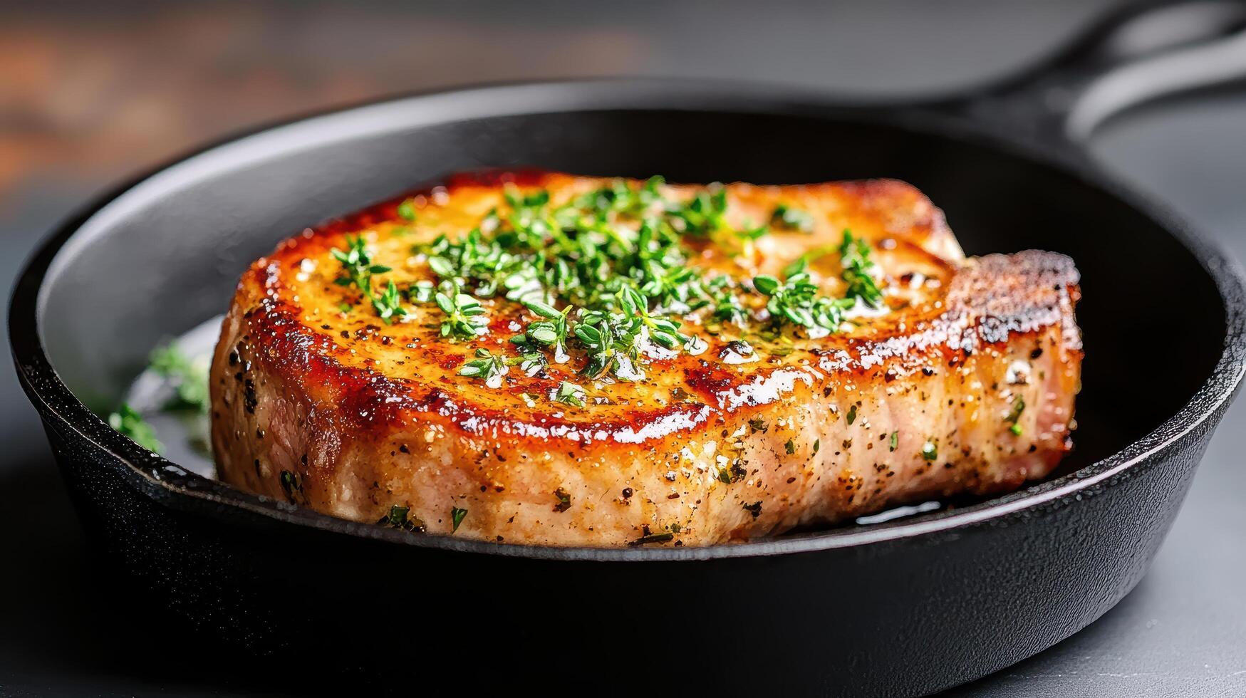 thick cut of pork chop seared to perfection, garnished with fresh herbs in skillet photo