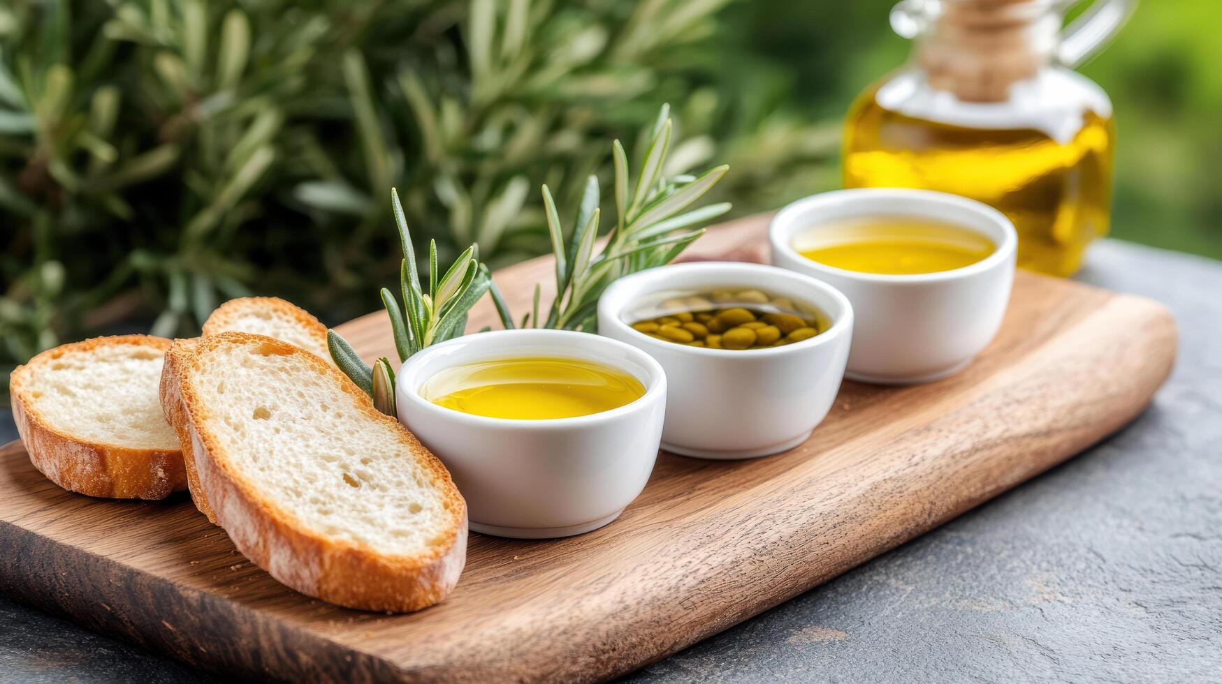 Fresh olive oil tasting with bread and herbs photo