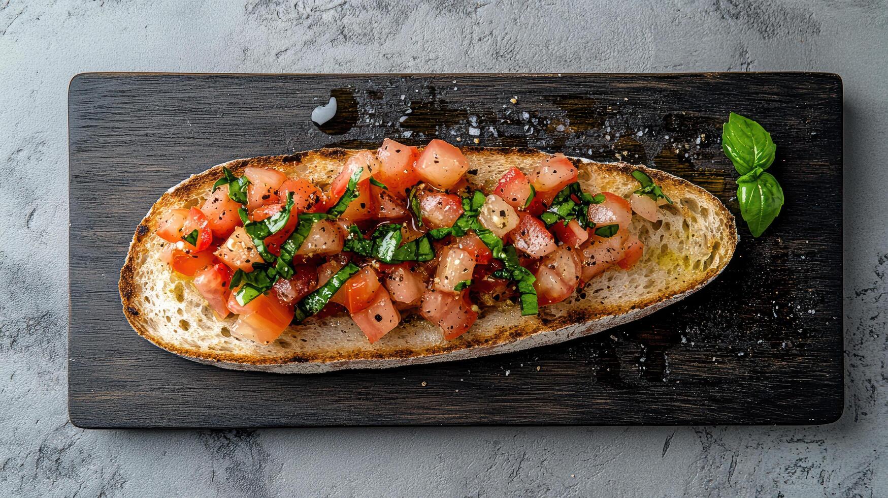 Crispy bruschetta topped with fresh tomatoes and basil, garnished with seasoning photo