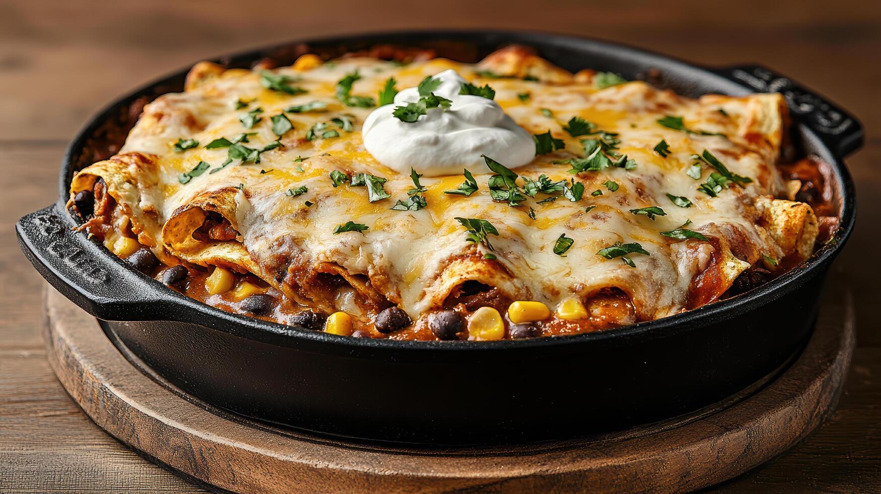 Delicious vegetarian enchilada casserole topped with cheese and sour cream photo