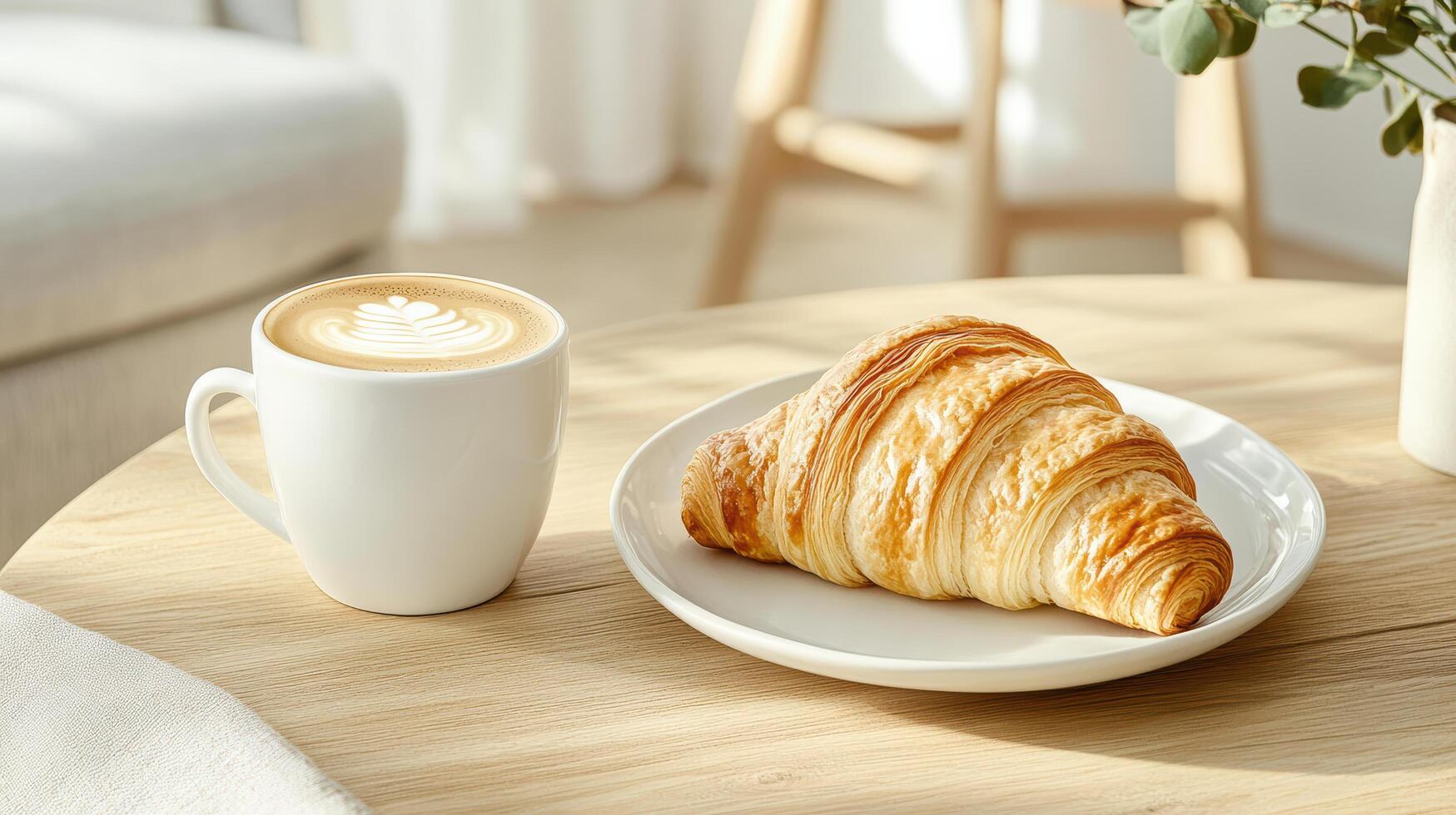 golden buttery croissant paired with warm latte on wooden table creates cozy atmosphere photo