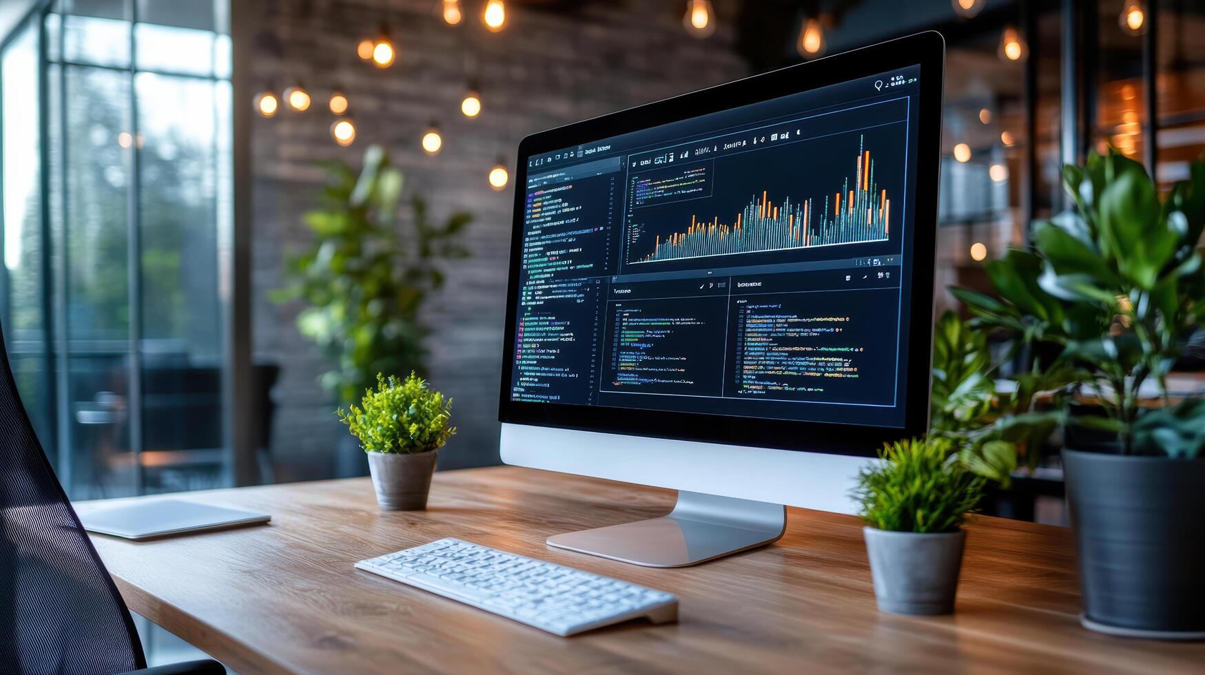 modern workspace featuring sleek computer displaying data analytics screen, surrounded by photo