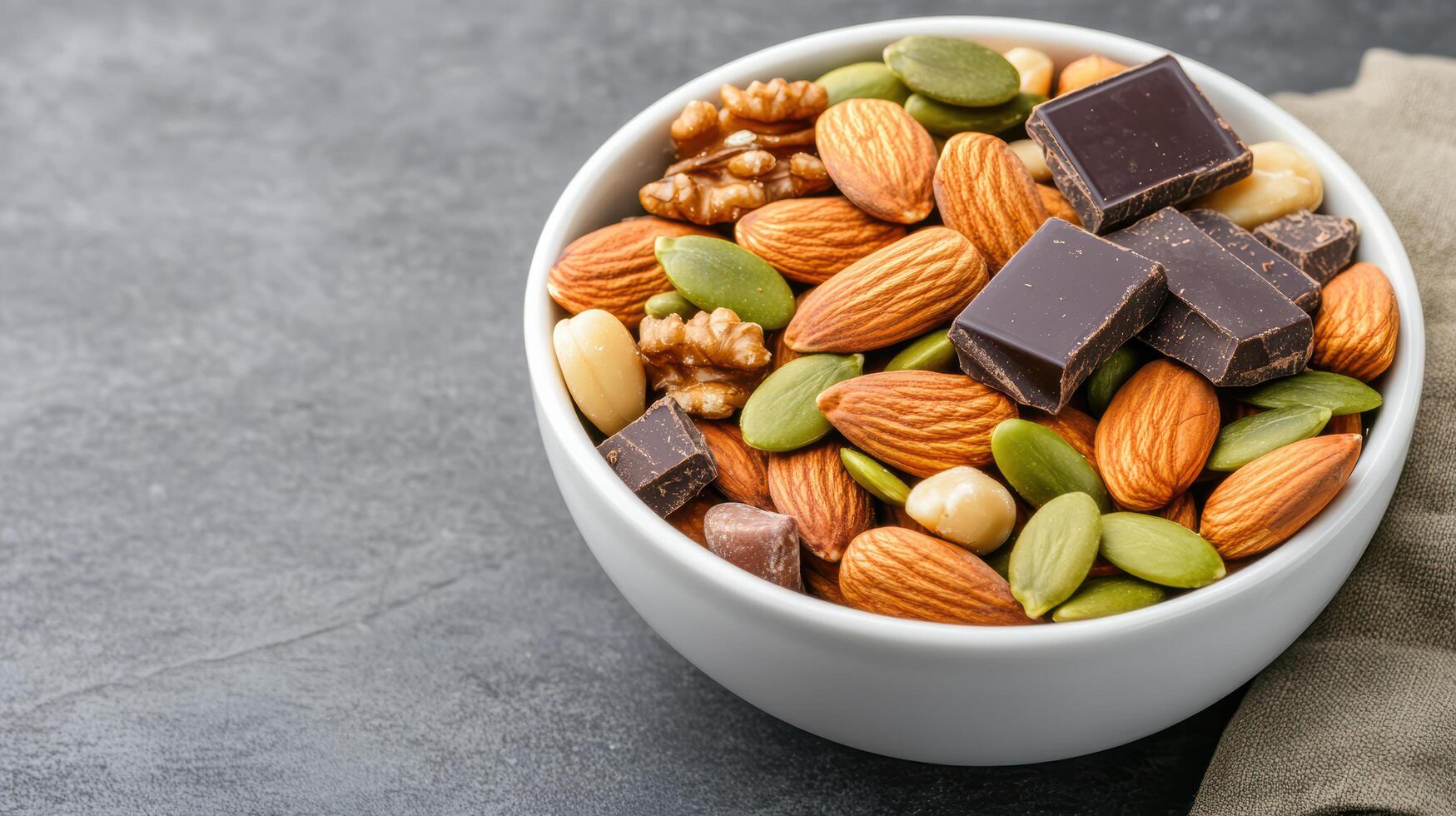 heart healthy trail mix bowl with almonds, walnuts, chocolate, and pumpkin seeds. Enjoy photo