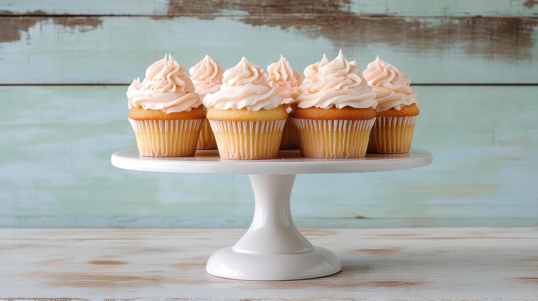 Delicious vanilla cupcakes with soft frosting displayed vintage stand, perfect for any photo
