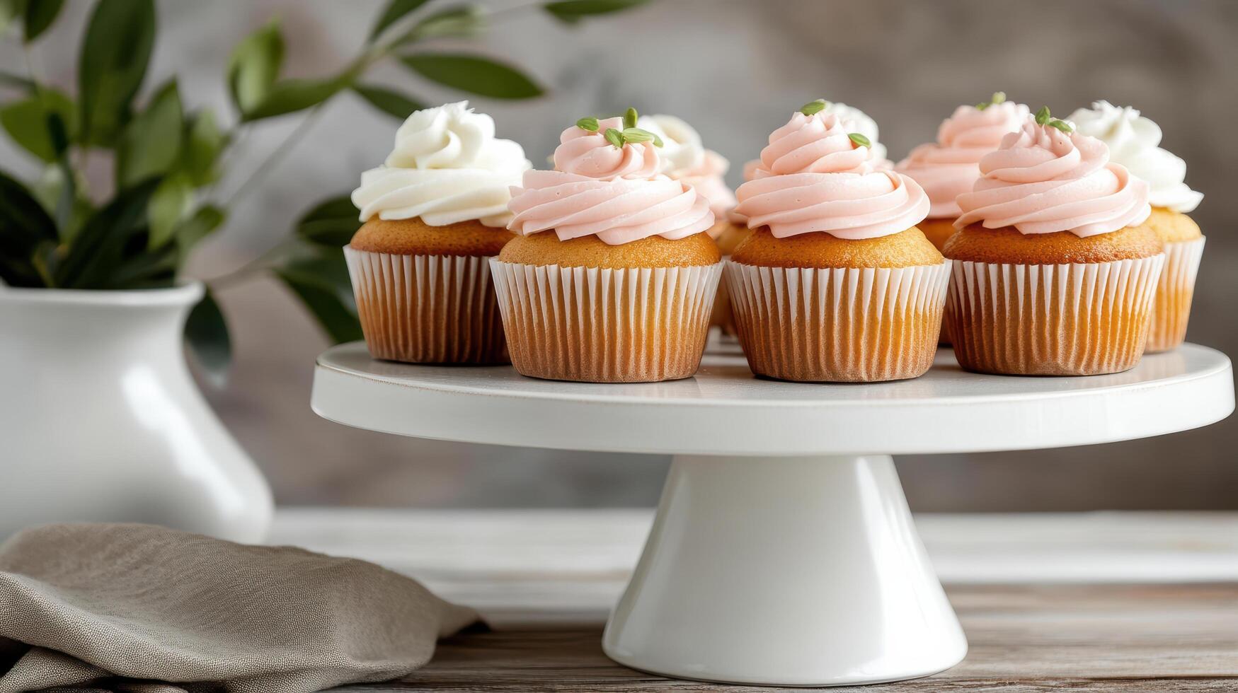 Delicious vanilla cupcakes with soft frosting, beautifully arranged on stand photo