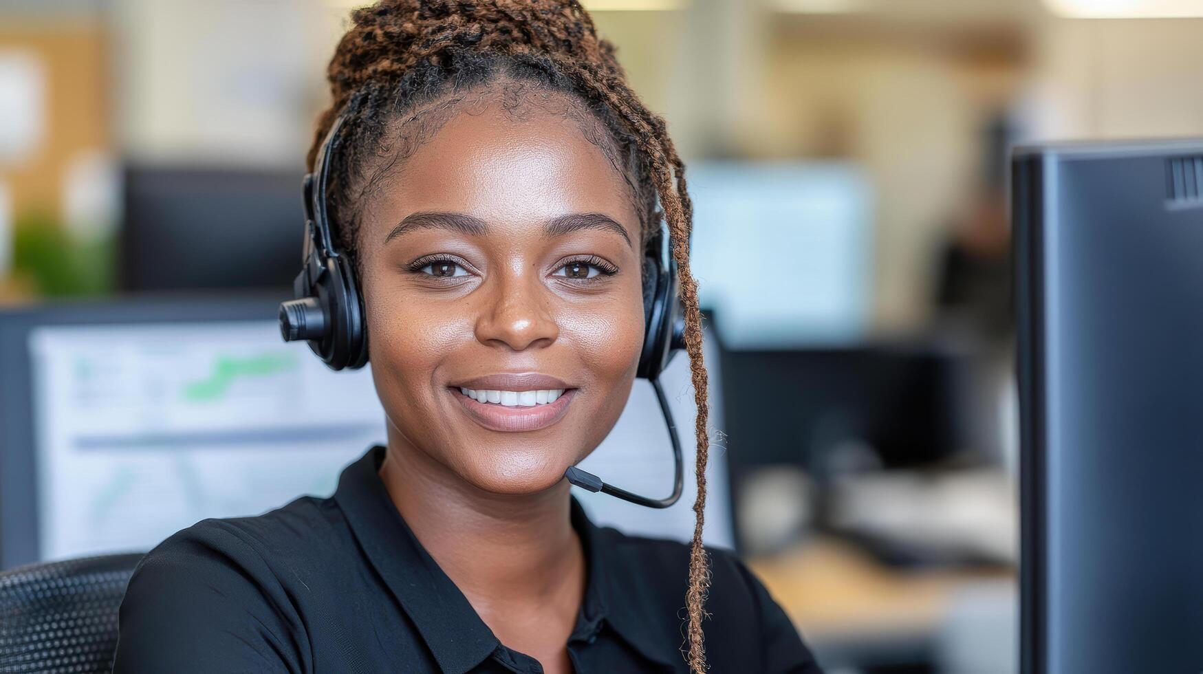 professional woman with headset smiling while working at computer in office environment photo