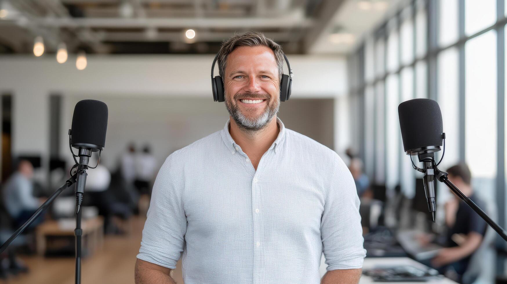 Recording podcast in modern studio, man with headphones smiles confidently photo