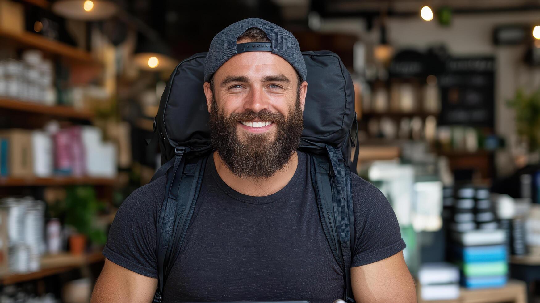 smiling man with beard and backpack enjoys moment in cozy cafe photo