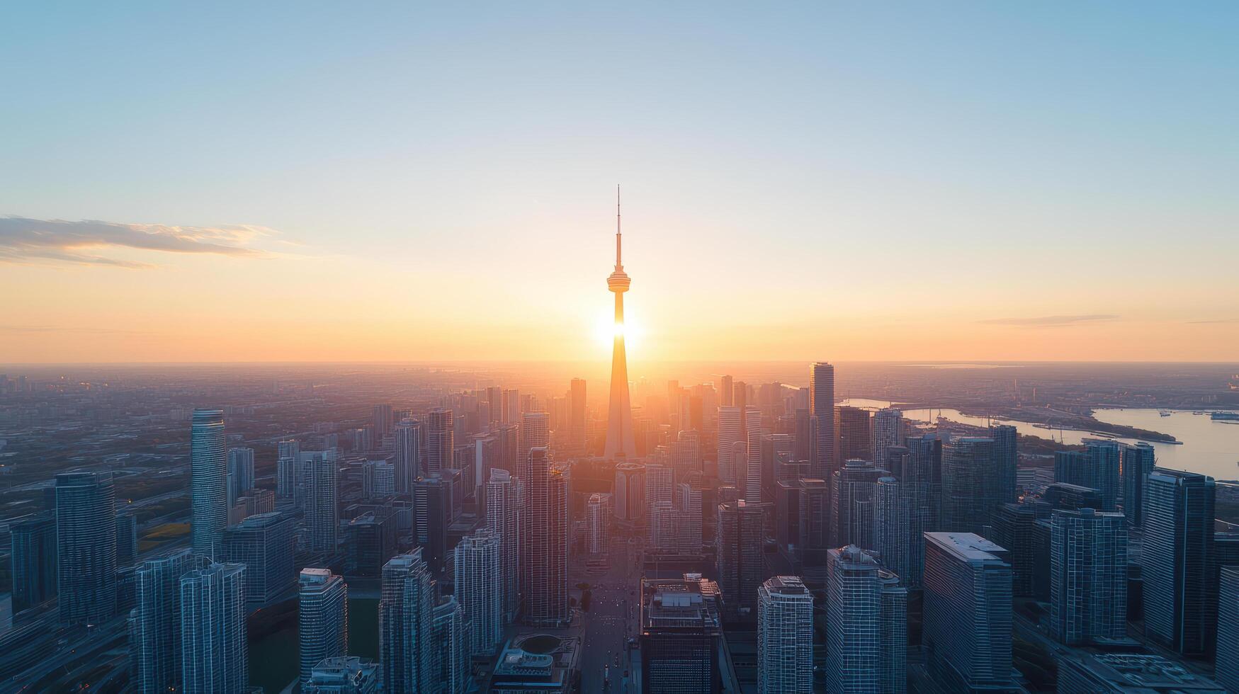 stunning skyline sunset featuring prominent tower surrounded by modern buildings, creating photo