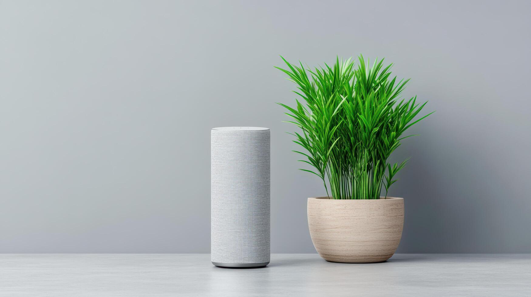 modern smart home assistant next to decorative plant, enhancing interior decor photo