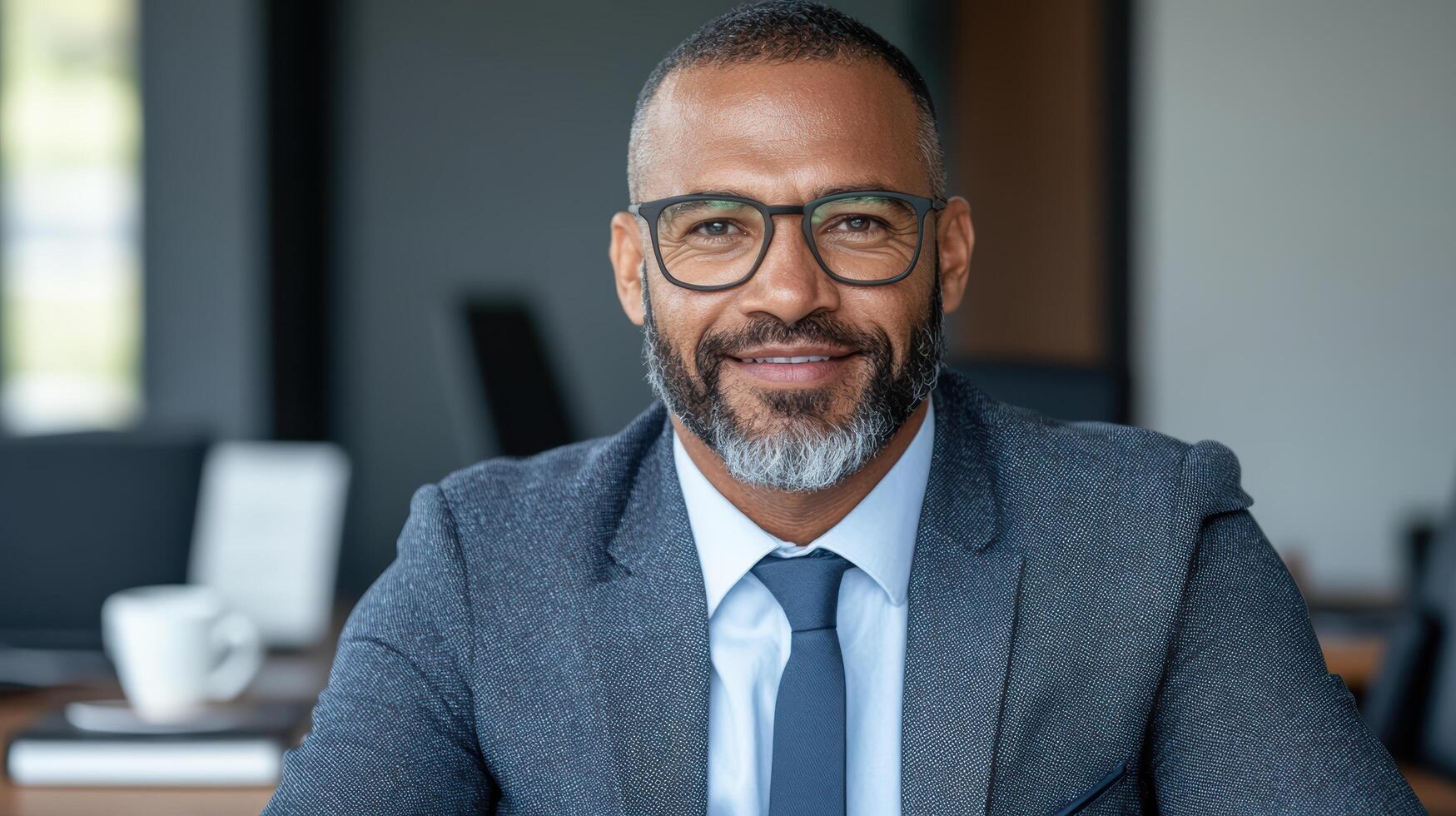 Professional man suit smiling confidently office setting, exuding positivity and approachability photo