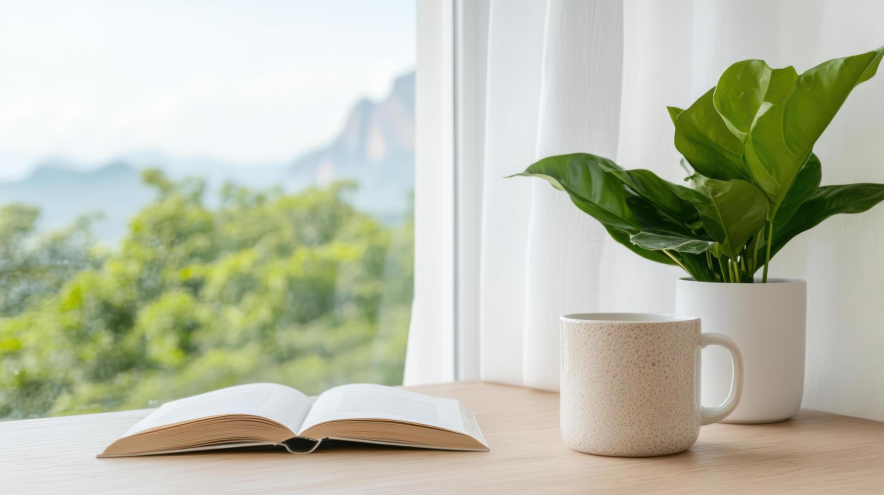 serene morning scene featuring open book, cozy mug, and vibrant plant by window, inviting photo
