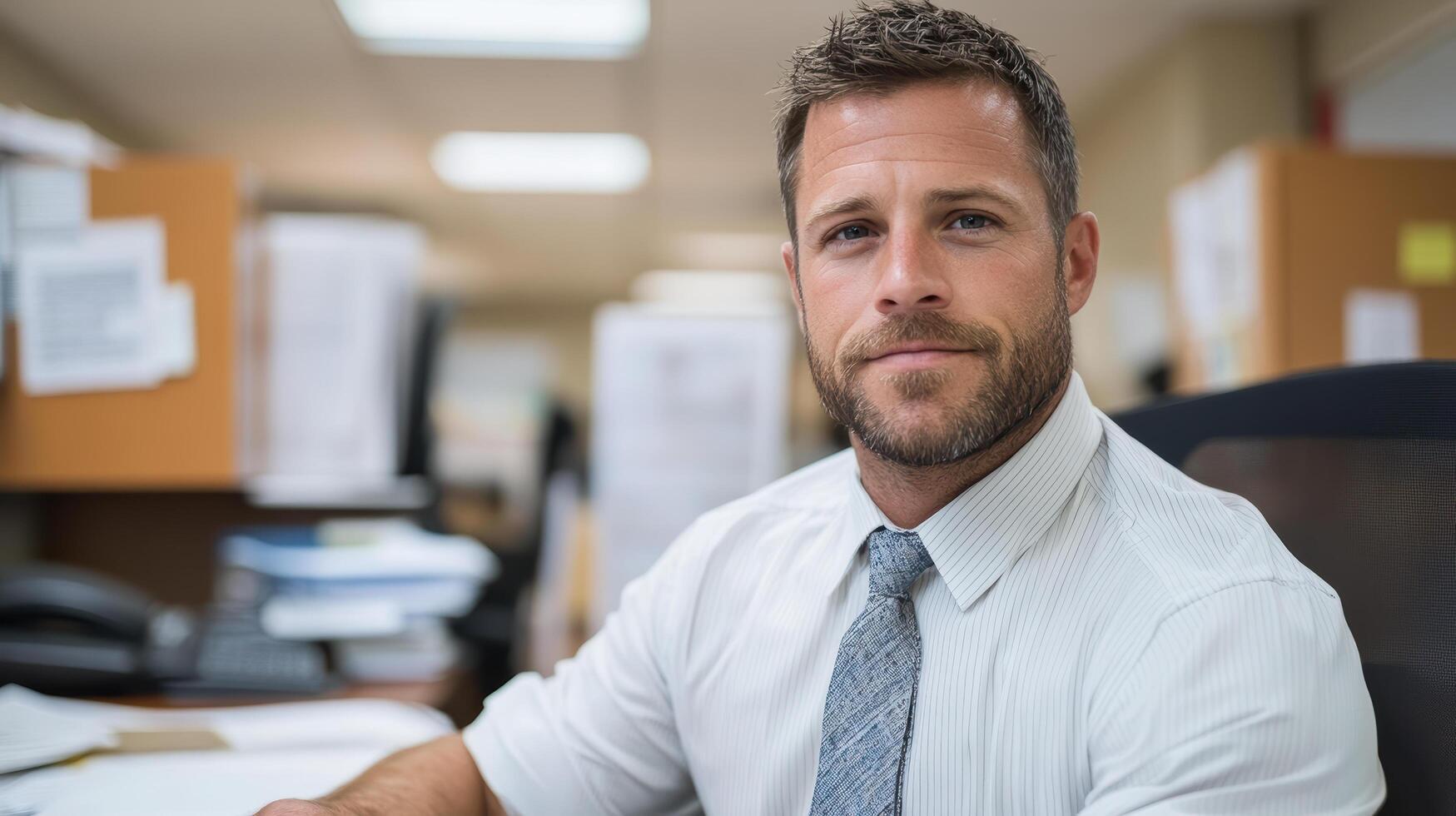 Professional man in office setting, focused and confident, wearing tie and shirt photo