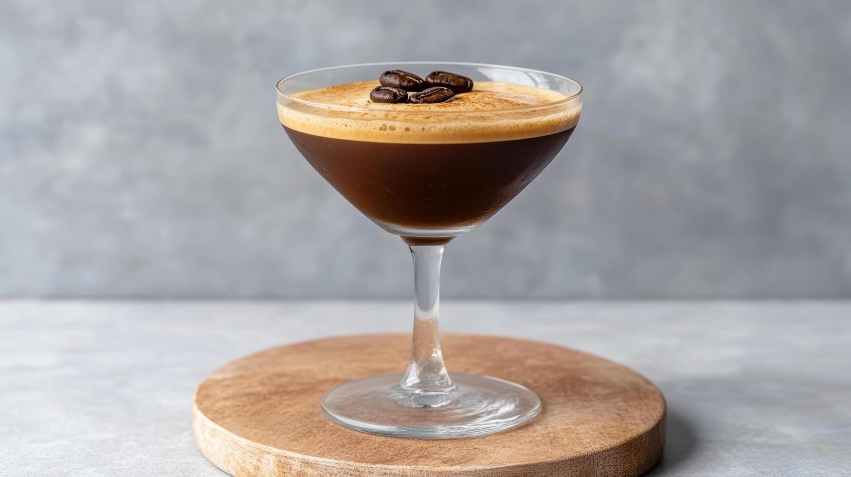 luxurious espresso martini with frothy top and coffee beans garnishing surface photo