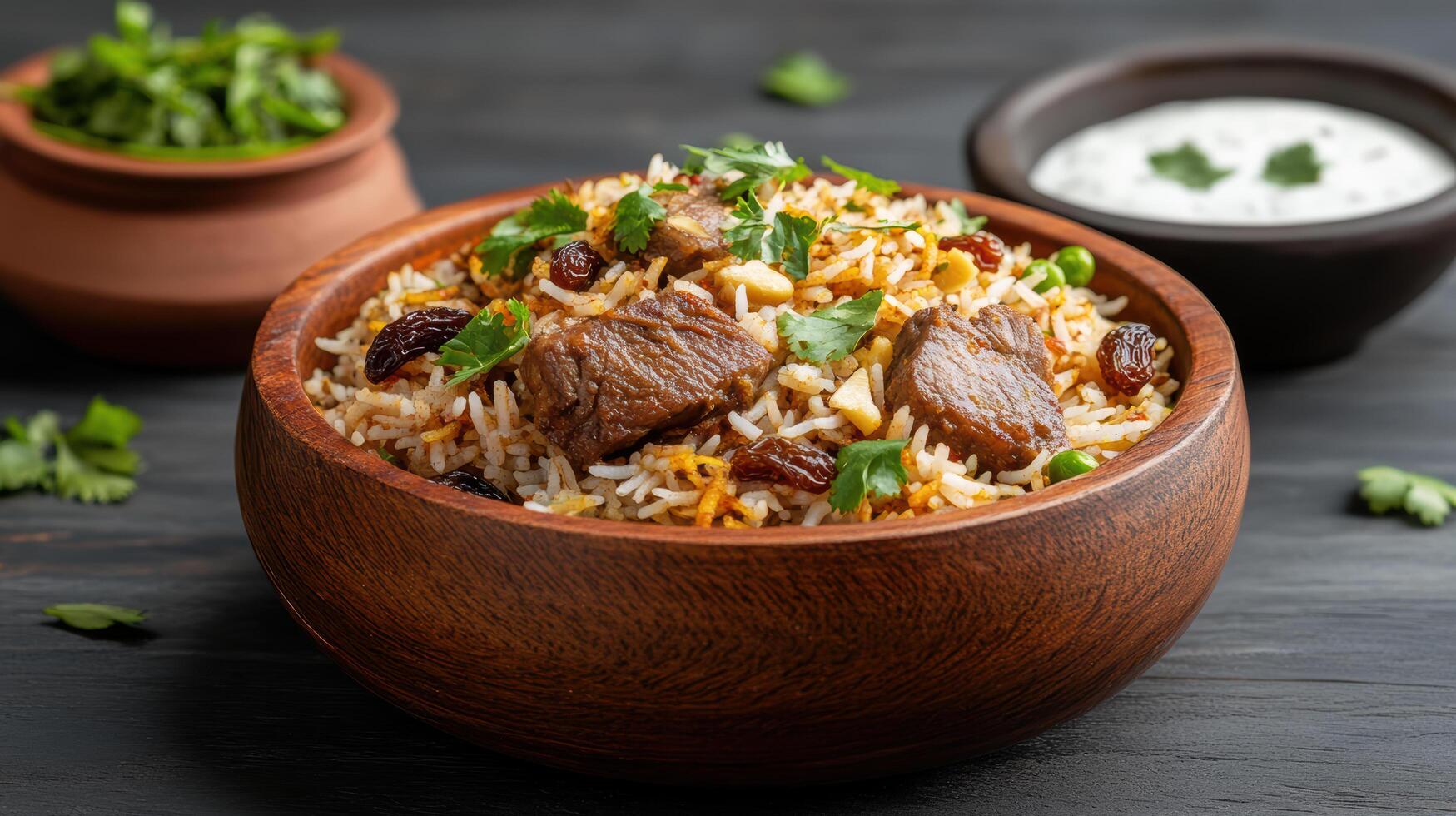 delicious bowl of Mughlai biryani with tender meat, fragrant rice, and garnished with herbs photo
