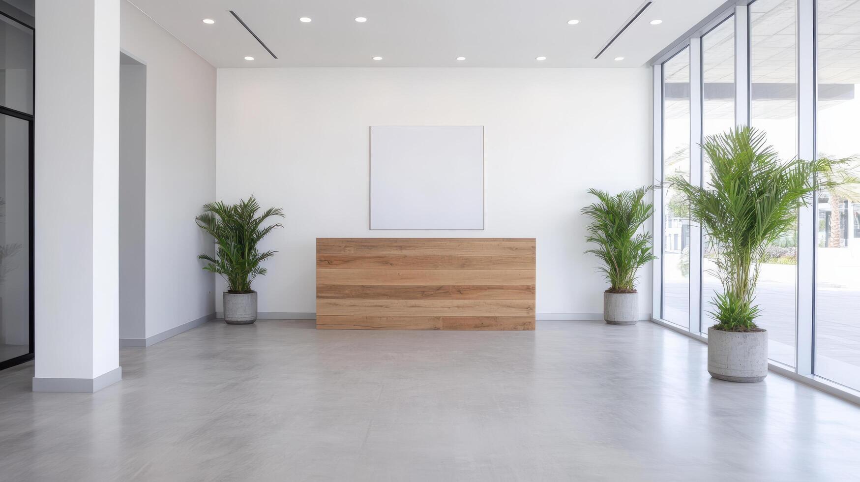 Modern reception area with minimalist design, featuring wooden desk and potted plants photo