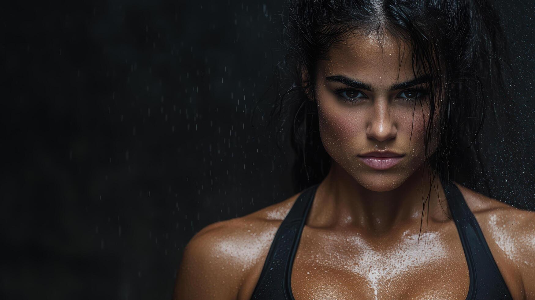 Fierce workout woman with strong physique, glistening skin, and intense expression photo