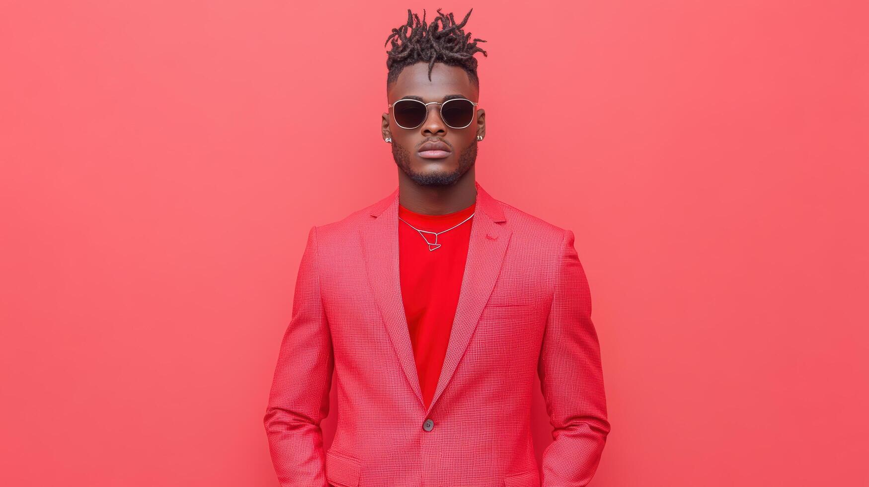 Stylish man red suit with sunglasses against vibrant background, exuding confidence and flair photo