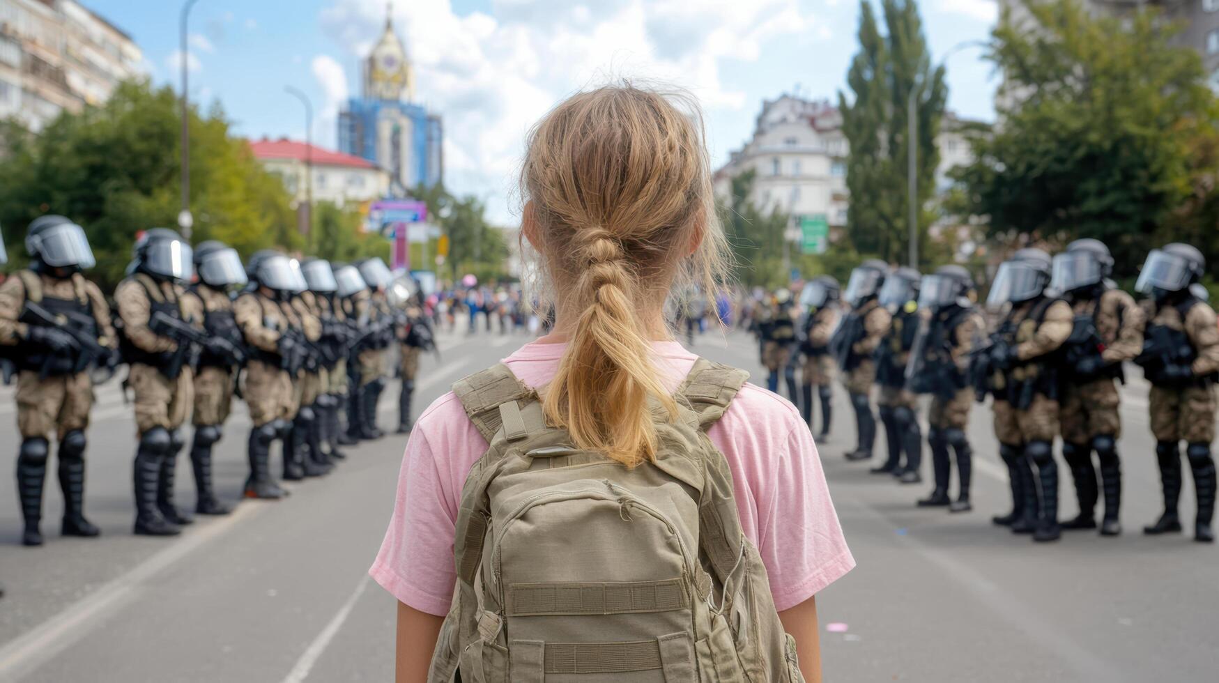 young activist stands bravely front of line of police officers, showcasing determination and photo