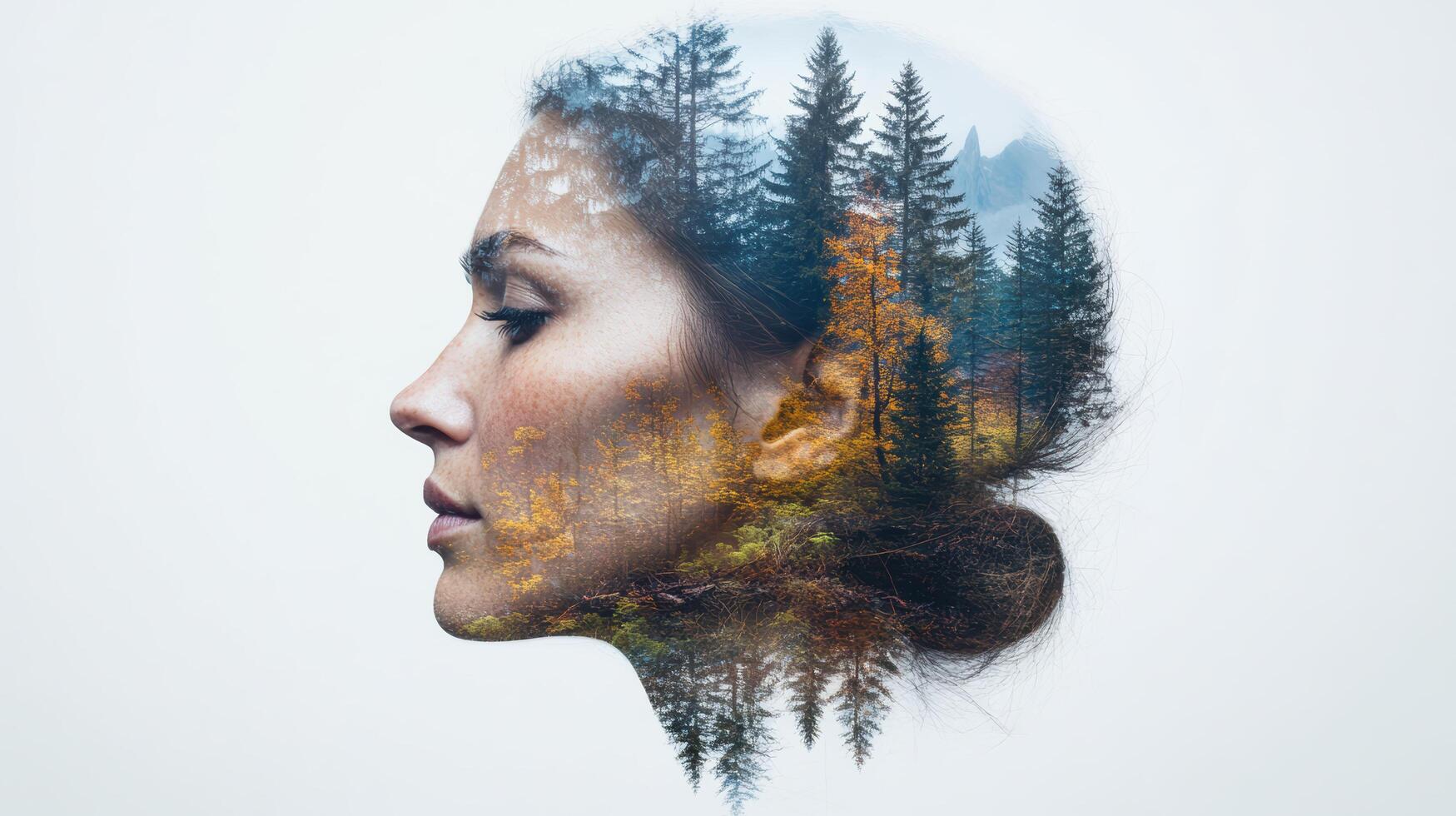 serene double exposure image blending human profile with forest landscape, evoking tranquility photo