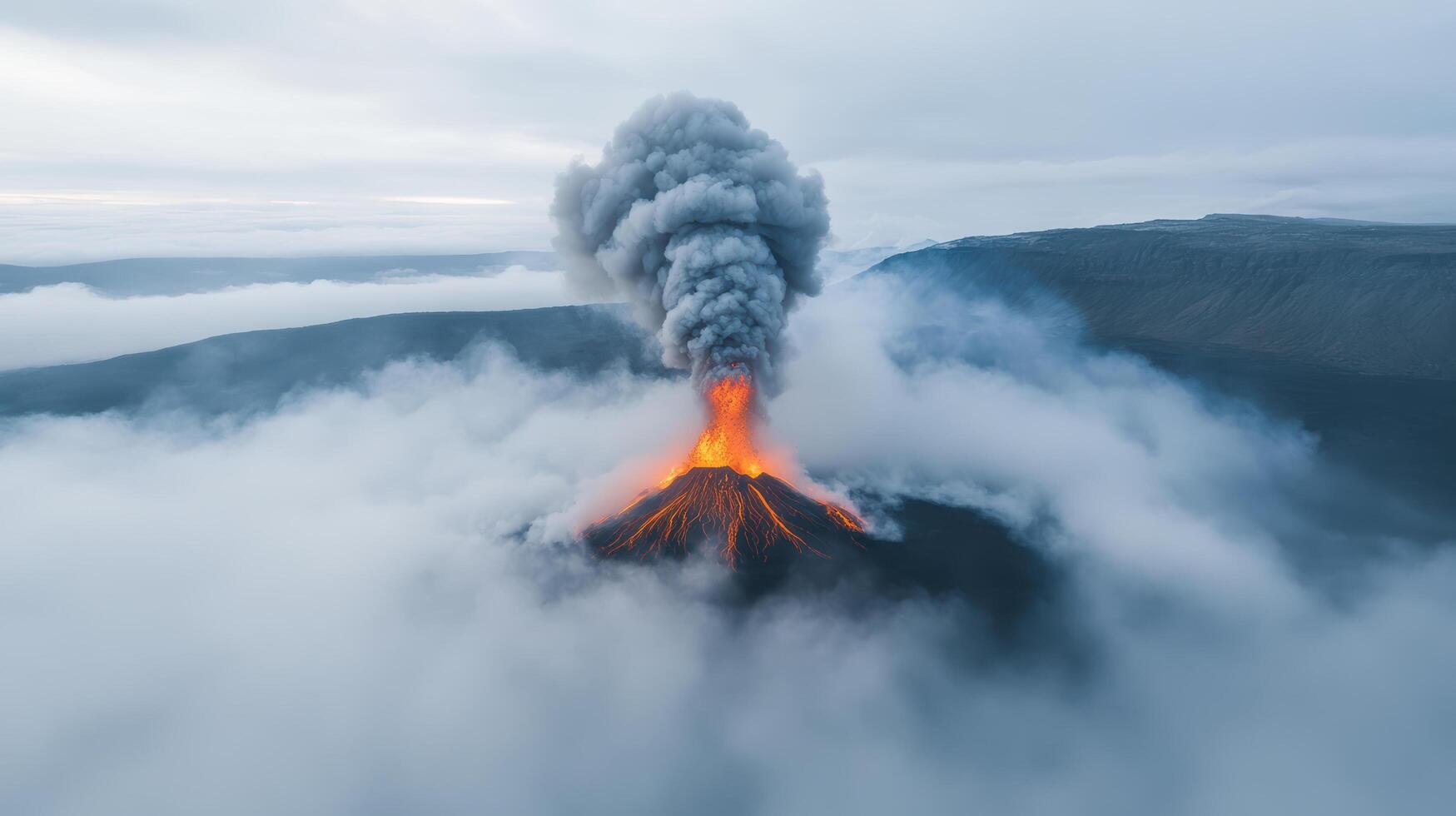 Majestic volcanic eruption with smoke and lava, surrounded by clouds and mountains photo