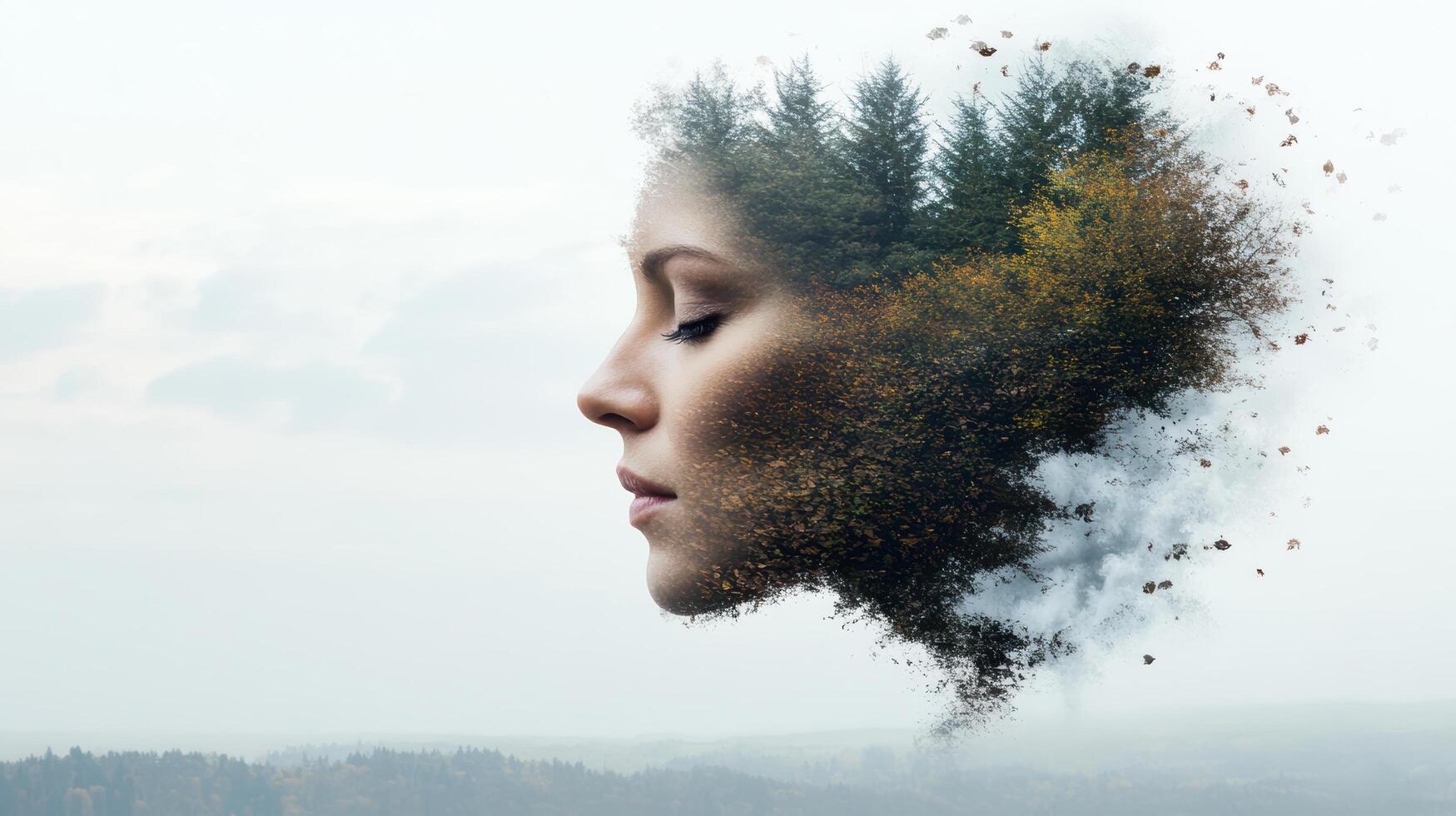 serene double exposure image blending human face with forest landscape, evoking tranquility and photo