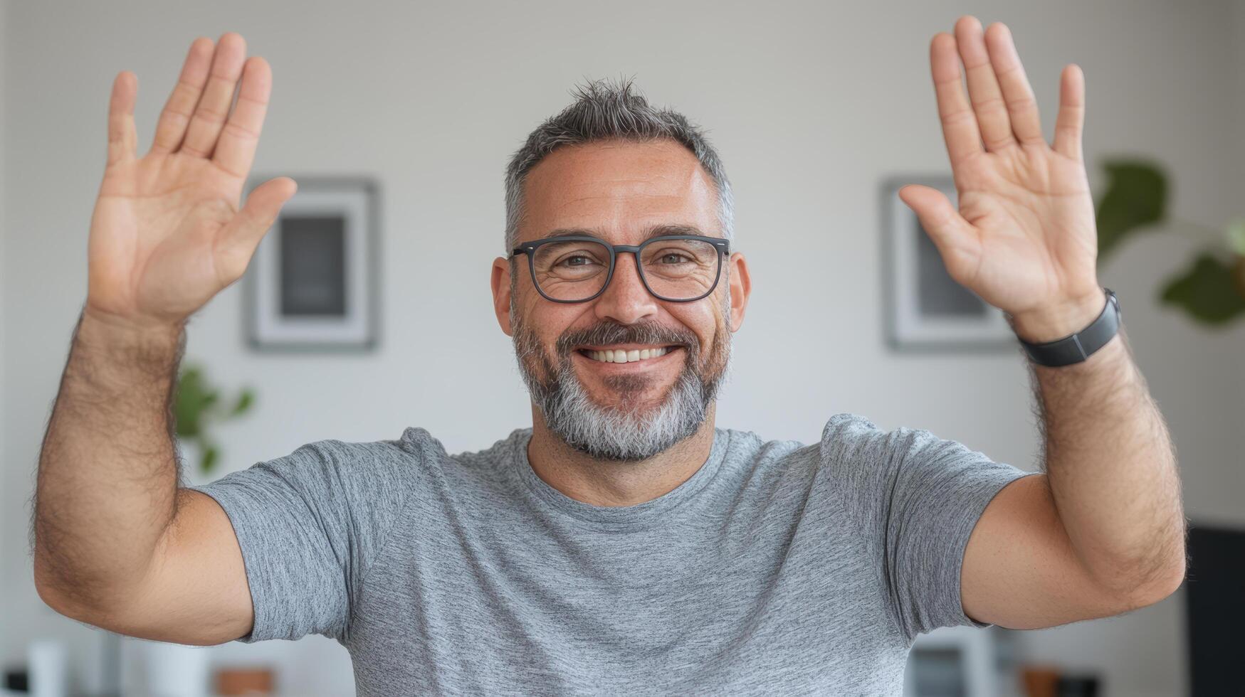 Happy man smiling and raising hands modern office setting, expressing positivity and enthusiasm photo