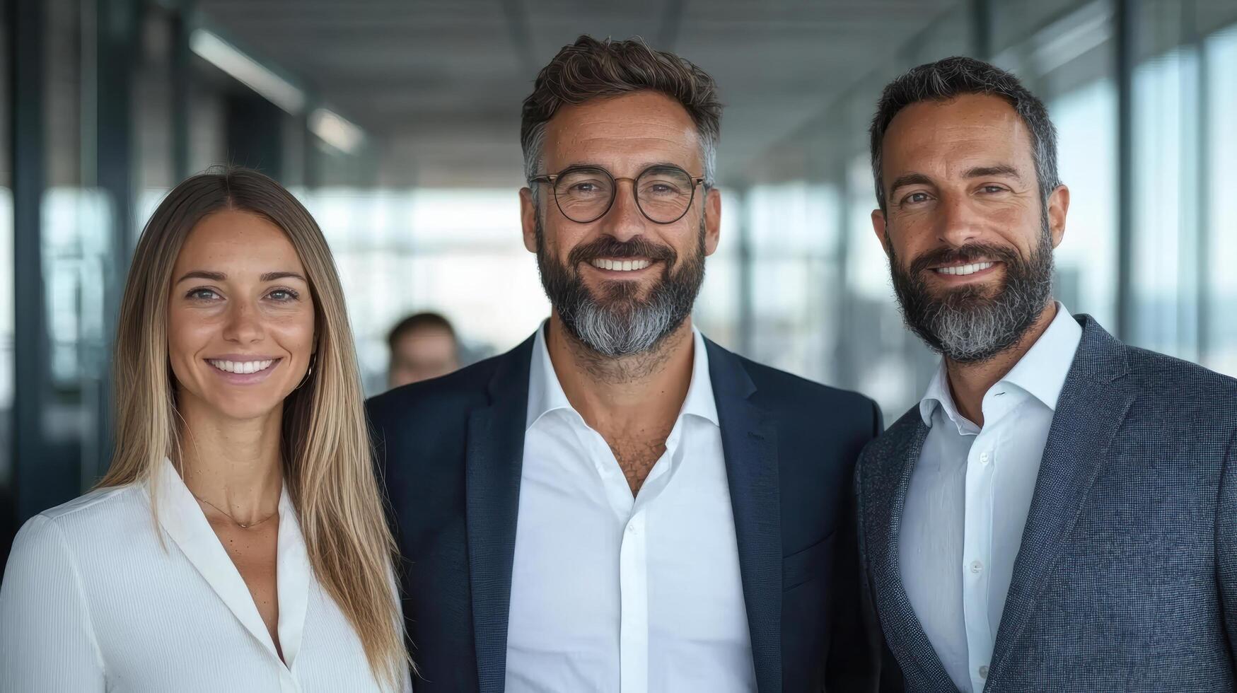Professional team smiling together modern office setting, showcasing teamwork and collaboration photo