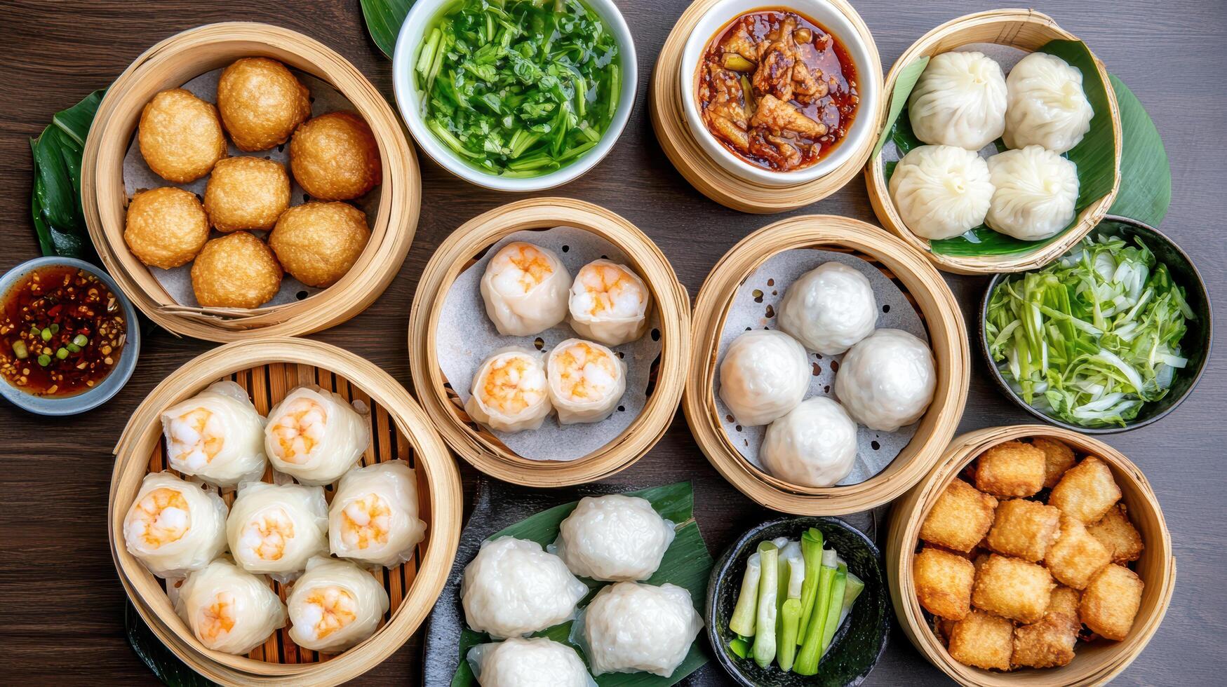 delightful dim sum feast featuring various dumplings, buns, and greens, perfect for sharing photo