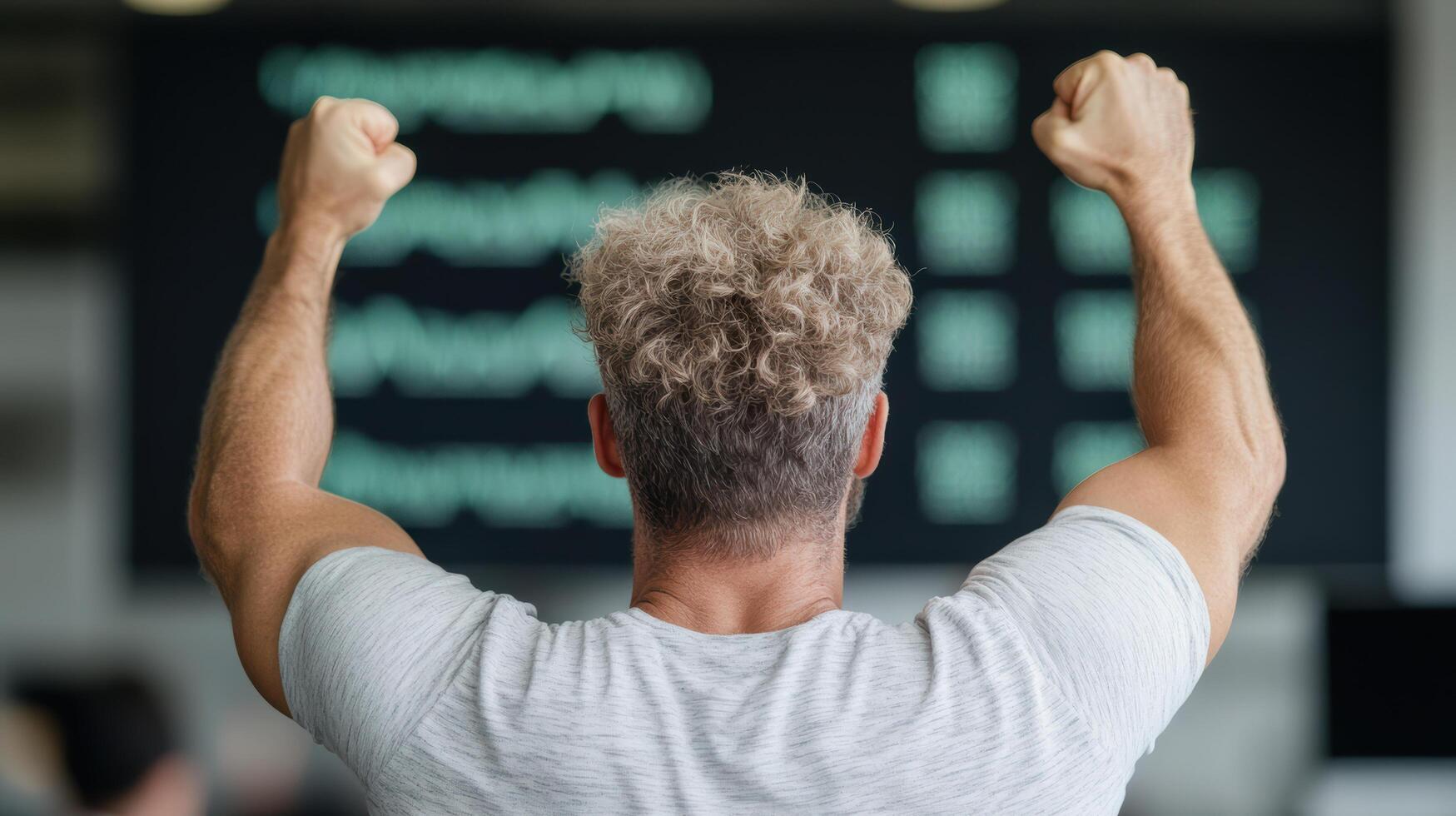 trader celebrating successful trade with raised fists, showcasing excitement and achievement photo