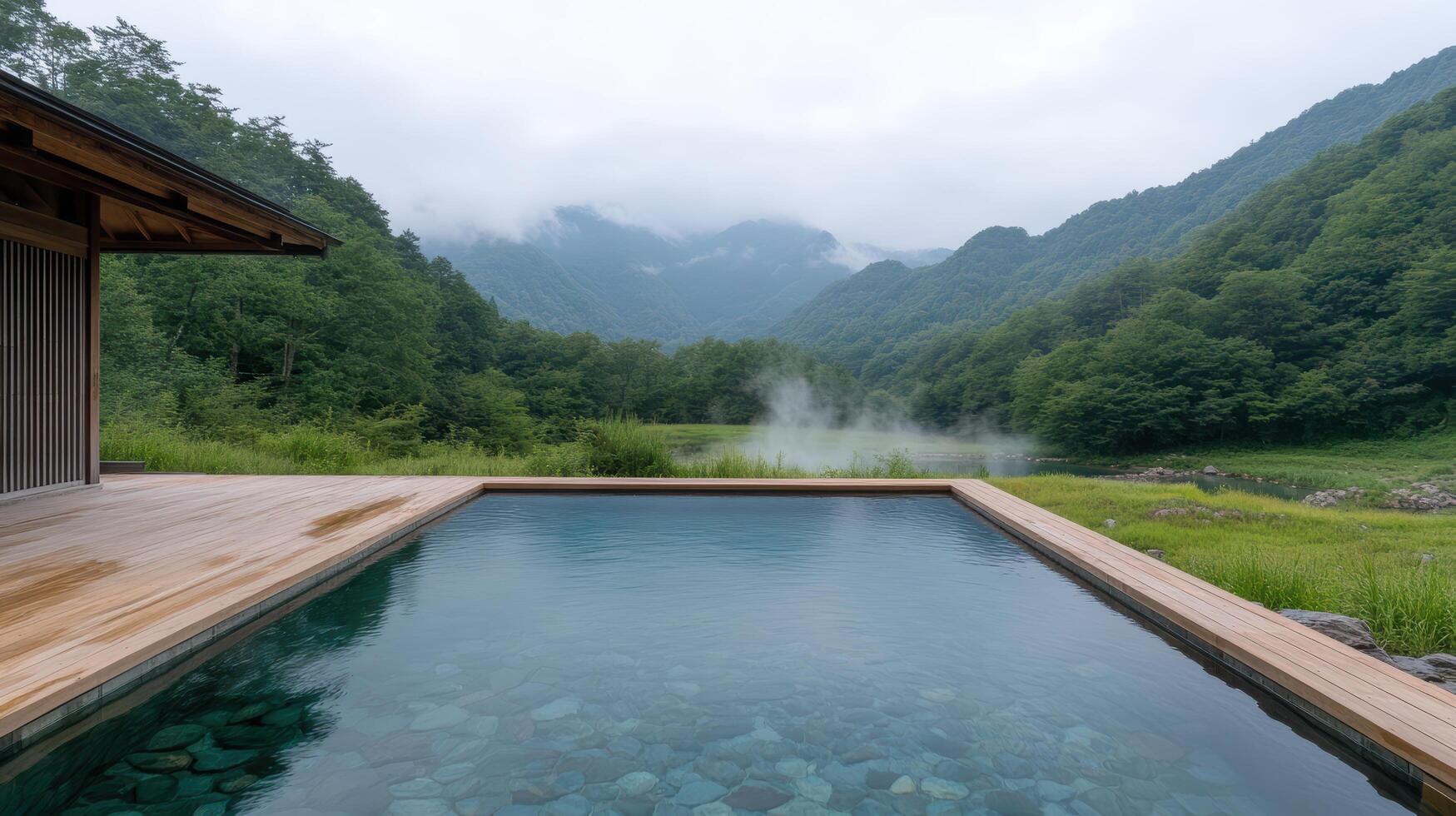 serene traditional Japanese onsen with tranquil pool reflecting surrounding mountains and mist photo