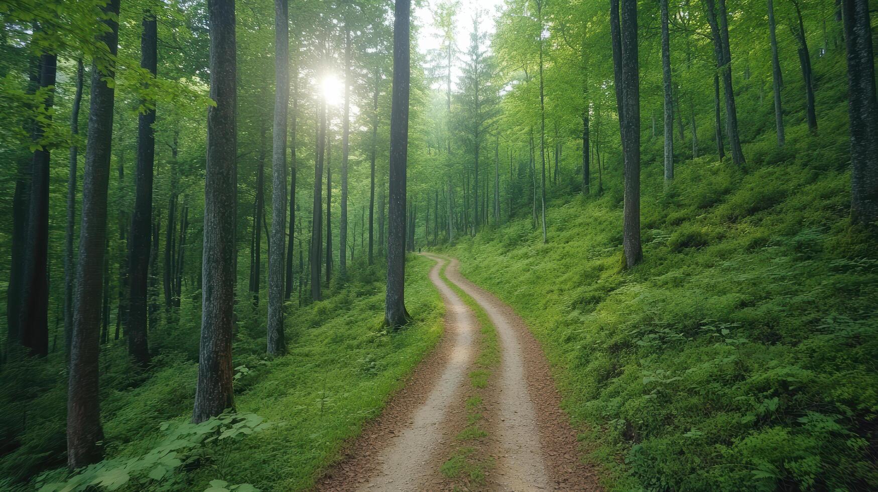 serene forest pathway surrounded by lush greenery and tall trees invites exploration photo