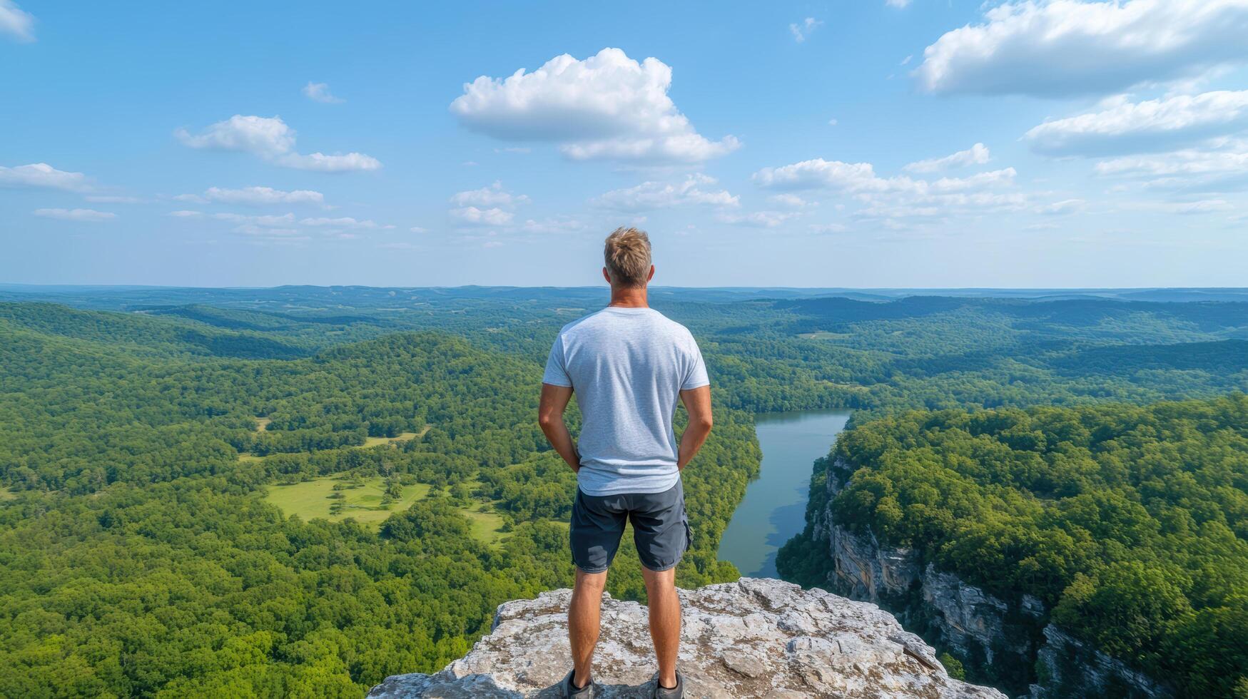 traveler standing at scenic overlook, admiring vast landscape and feeling inspired photo