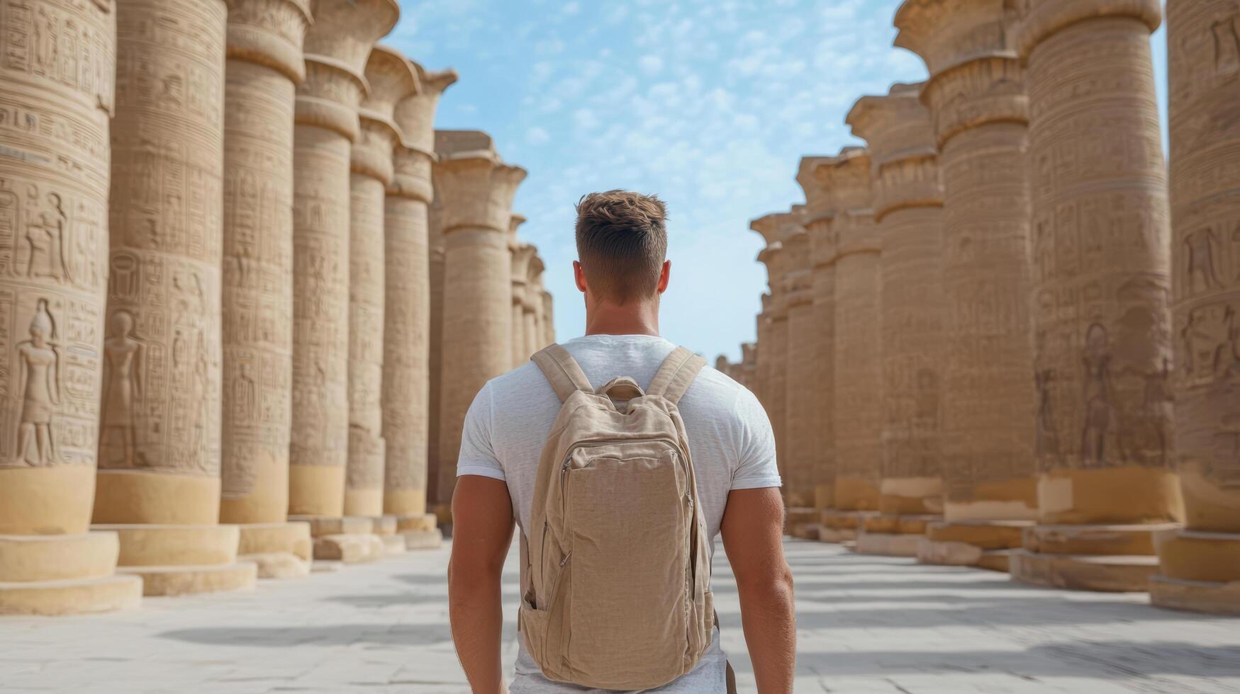 traveler exploring ancient columns in historic temple, feeling awe and wonder photo