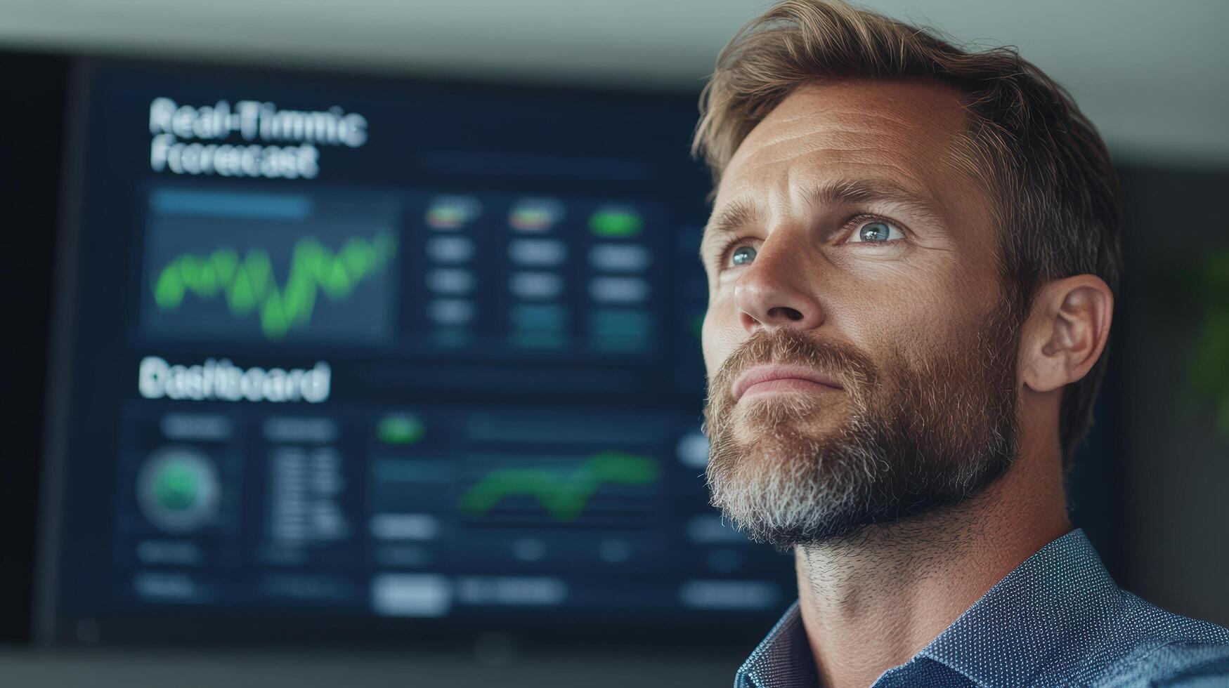Professional man analyzing data front of screen displaying real time forecasts and dashboards photo