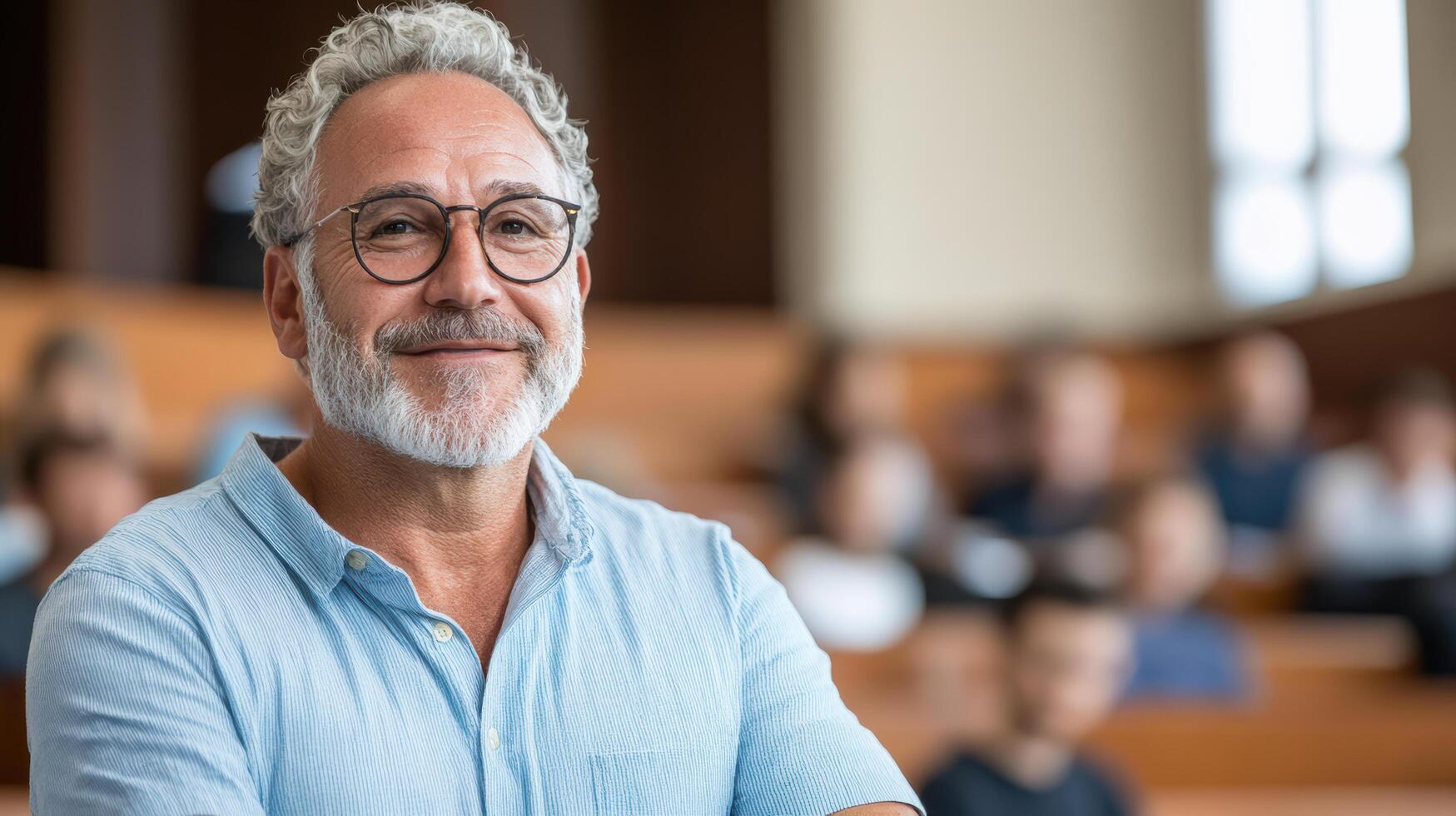 confident professor smiles warmly while teaching in university classroom filled with students photo
