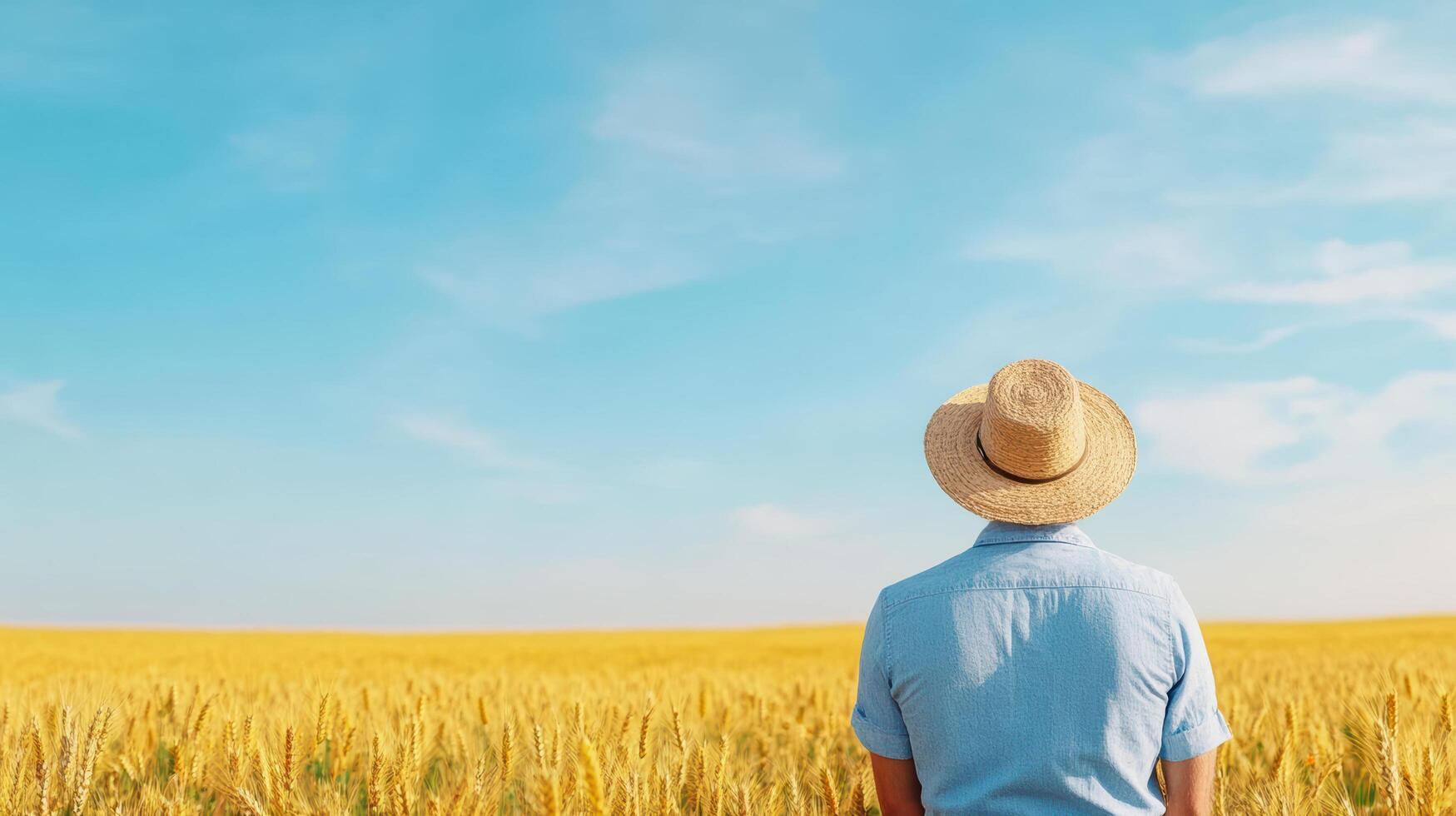 person wearing straw hat gazes vast golden wheat field clear blue sky, evoking sense of photo