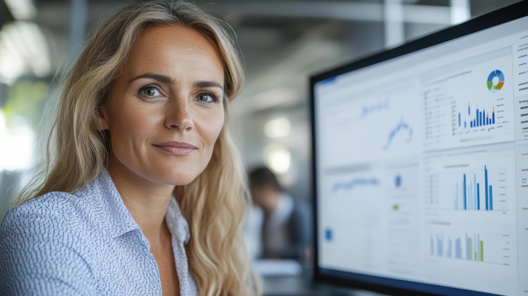 Professional woman analyzing data on computer screen, showcasing insights and trends photo