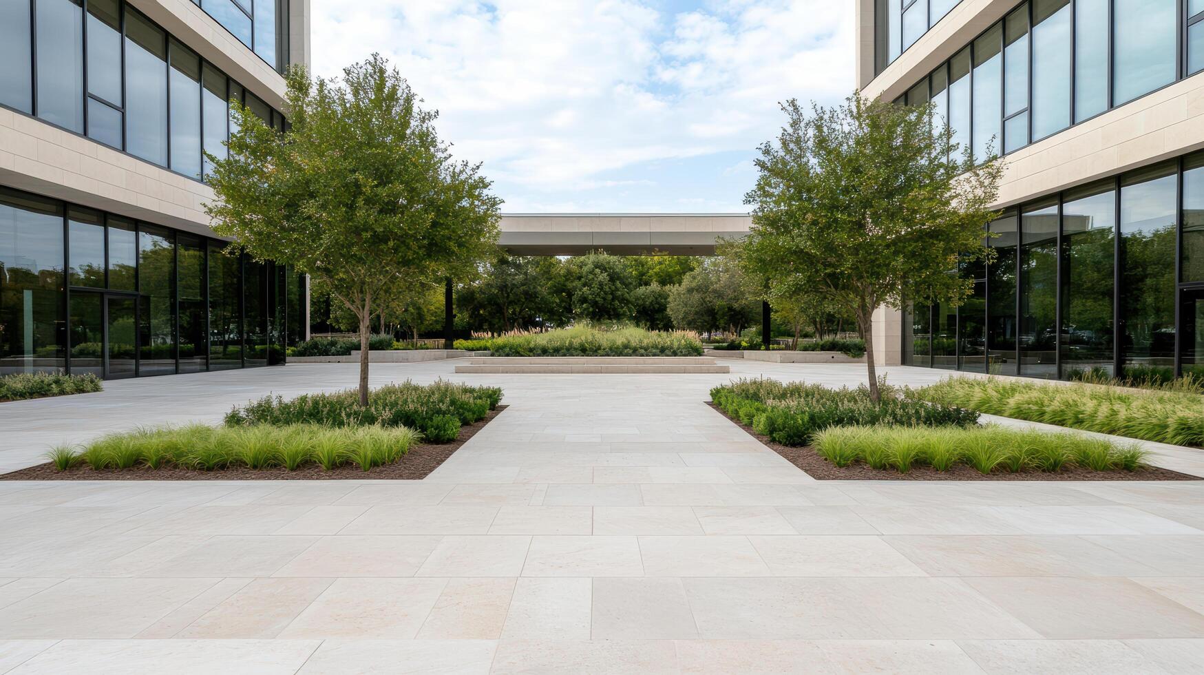 Modern urban plaza featuring open spaces, greenery, and contemporary architecture photo
