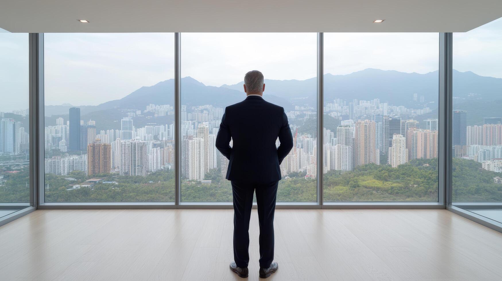 businessman suit stands by large window, gazing city skyline with mountains background photo