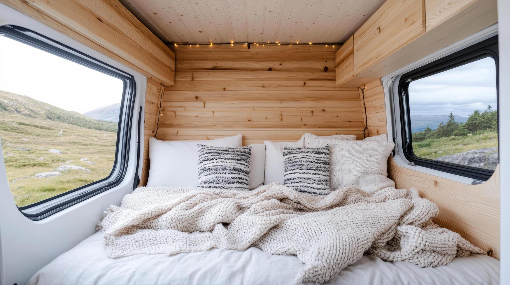 Cozy camper van interior with soft blankets and pillows, perfect for relaxation photo
