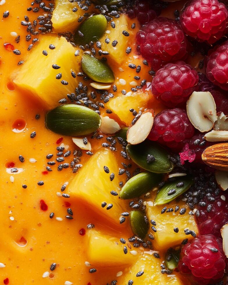 Fresh smoothie bowl topped with vibrant mango, raspberries, and crunchy seeds on a bright morning photo